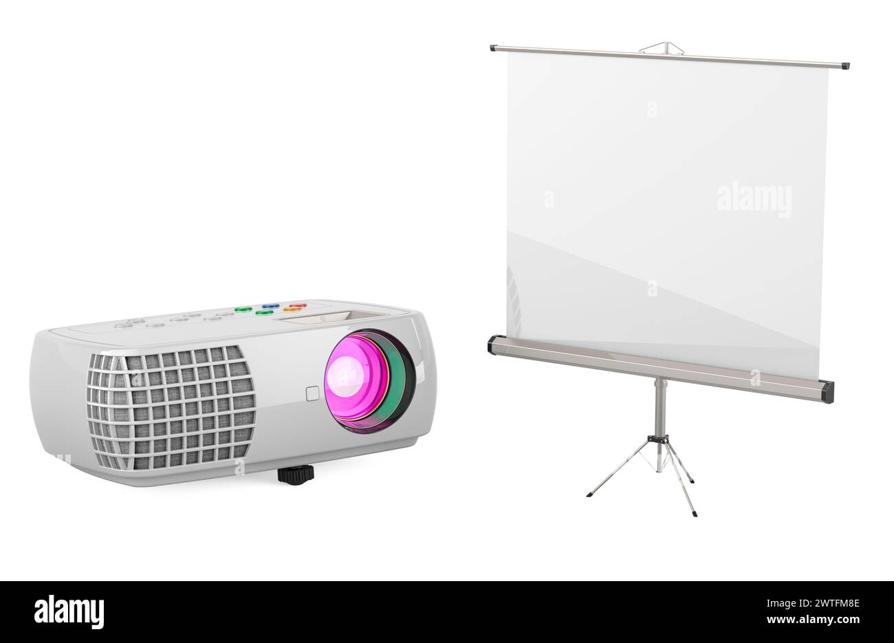 Projector with projector screen, 3D rendering isolated on white background Stock Photo