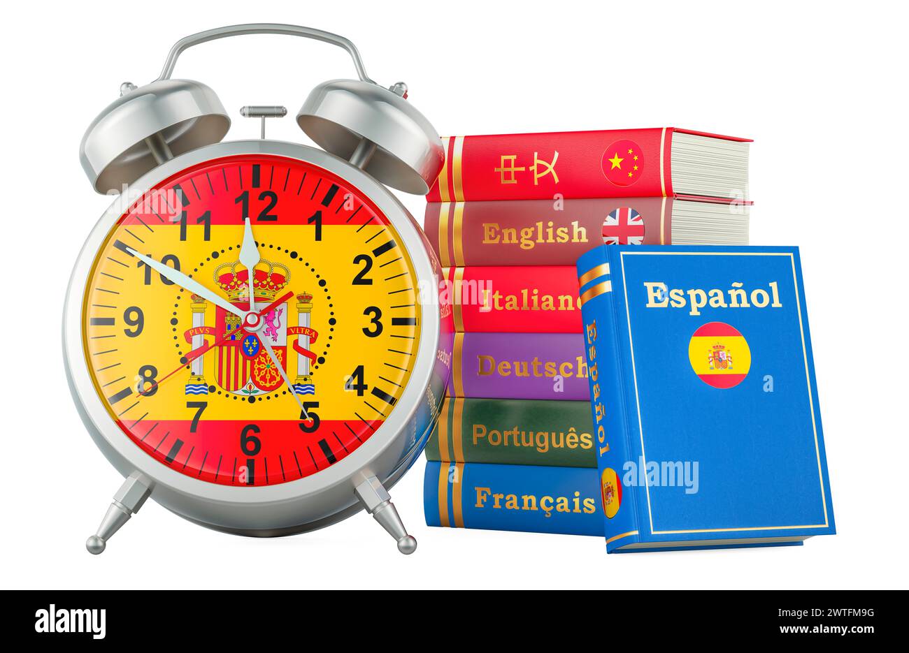 Spanish course, lessons concept. Books with alarm clock. Time to learn