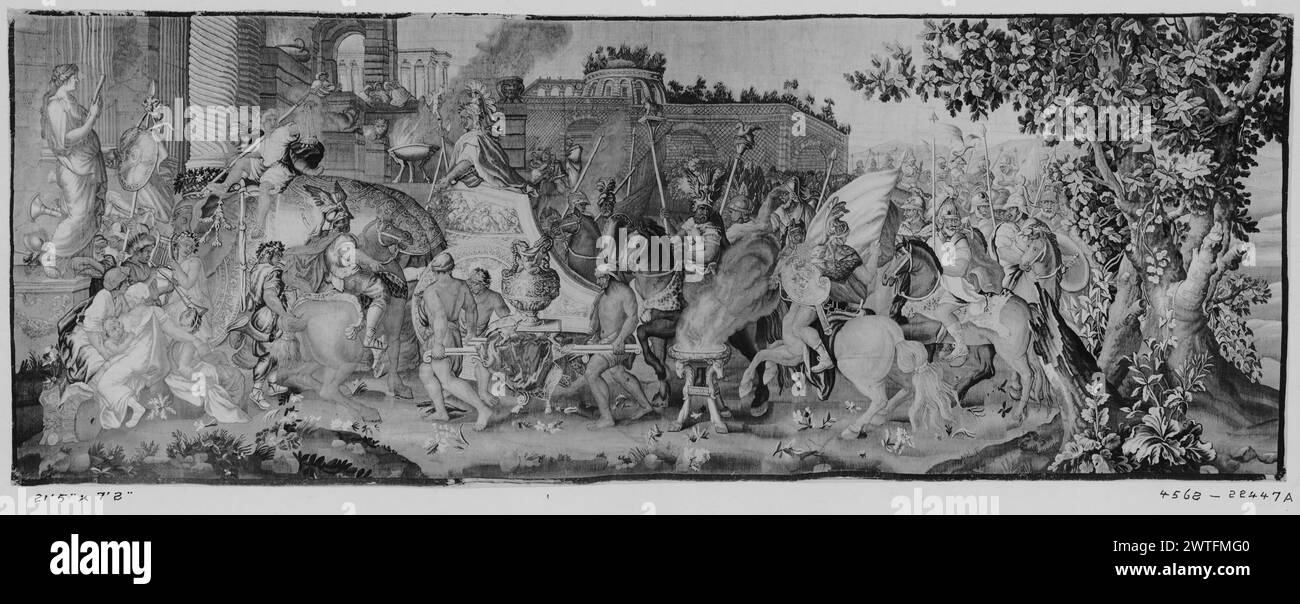 Triumphal entry of Alexander into Babylon and scene from the Battle with Porus. Le Brun, Charles (French, 1619-1690) (designed after) [painter] c. 1725-1775 Tapestry Dimensions: H 7'8' x W 21'5' Tapestry Materials/Techniques: unknown Culture: French Weaving Center: Aubusson Ownership History: French & Co. purchased from Bacri frères, received 4/15/1920; sold to J. N. [John North] Willys 7/21/1920 [SS 22447-a]. French & Co. purchased from Dalva Bros., received 12/27/1945; sold to American [?] Stratford Press 3/31/1947 [SS 77837]. Alexander triumphantly enters Babylon in chariot drawn by elephan Stock Photo