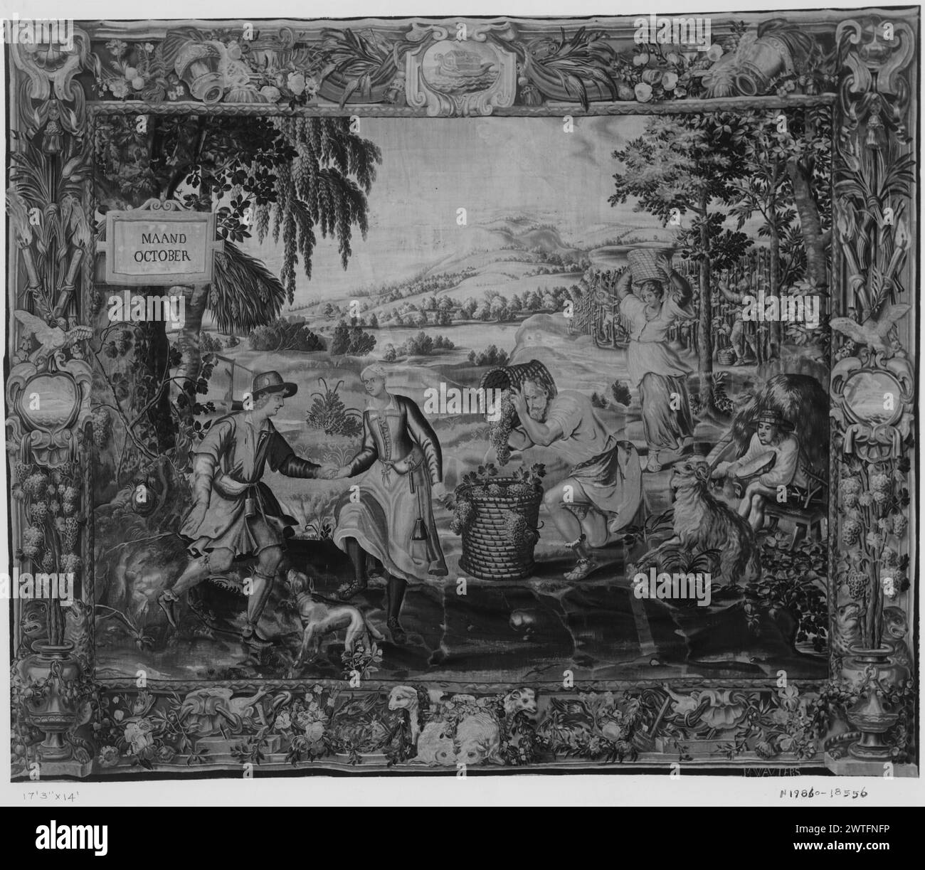 October. Wauters, Michel (Netherlandish (after 1600), act. b.1651-d.1679) (workshop) [weaver] c. 1650-1675 Tapestry Dimensions: H 14' x W 17'3' Tapestry Materials/Techniques: unknown Culture: Flemish Weaving Center: Antwerp Ownership History: Sold at American Art Association, New York, 2/13/1926, lot 17 (Emile Jellinek Mercedes coll.). French & Co. purchased from G.S. Jacobson 2/11/1936. Inscriptions: Woven signature in right guard, bottom: M.WAVTERS Inscriptions: Inscription in central field on panel attached to tree: MAAND OCTOBER In vineyard, peasant loading grapes into basket (center, fore Stock Photo