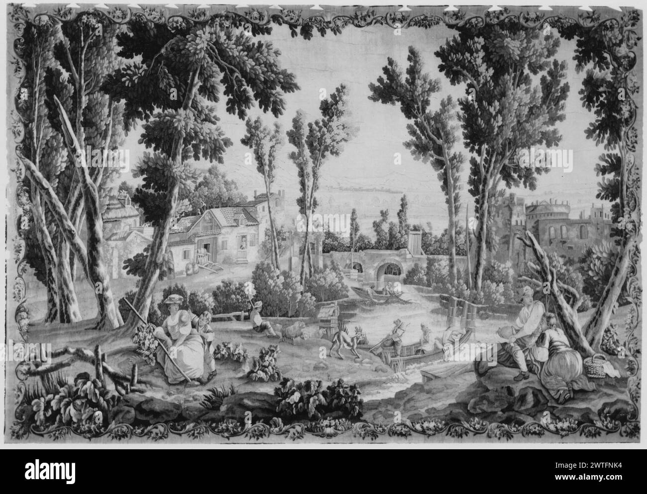 Farmers resting, fishing at outskirts of village. unknown c. 1770-1790 Tapestry Dimensions: H 8'5' x W 12'6' Tapestry Materials/Techniques: unknown Culture: French Weaving Center: Aubusson Ownership History: French & Co. In river landscape with trees, flowering plants & with fishermen in boats dragging nets & others embarking, a shepherdess with young child sits on ground, a basket of flowers at her side (L) & looks in direction of couple seated on grassy mound, conversing & the woman kneeling before young man (R); farmhouse (L) & additional buildings with bridge in background (BRD) garlanded Stock Photo