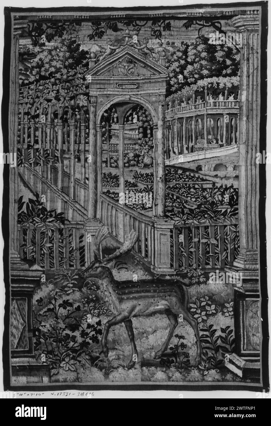 Garden park with stag in front of pergola. unknown c. 1600-1650 Tapestry Dimensions: H 7'10' x W 5'4' Tapestry Materials/Techniques: unknown Culture: Flemish Weaving Center: unknown Ownership History: French & Co. purchased from Grace Rainey Rogers (n.d.; probably 11/1931 or 12/1931); sold to Gimbel Bros. 2/16/1942. Stock Photo
