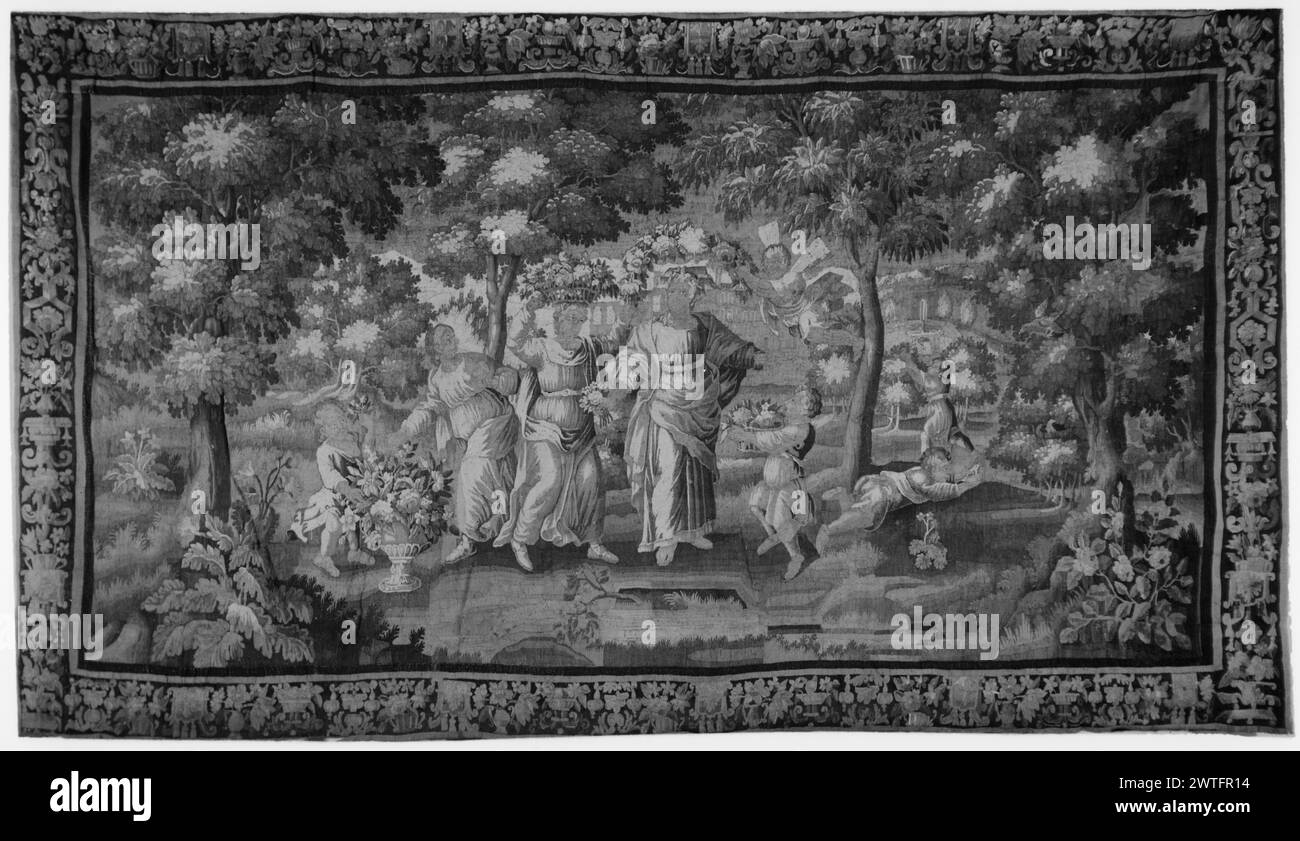 Spring. unknown c. 1675-1725 Tapestry Dimensions: H 8'8' x W 15' Tapestry Materials/Techniques: unknown Culture: French Weaving Center: Aubusson Ownership History: French & Co. Flora along nymphs, young boys & cherub, collecting flowers in landscape (BRD) decorative & floral border with baskets of flowers & lambrequins The upper & lower borders have been moved inward. No French & Co. stock sheet in archive, no stock number Related Works: Compositionally similar tapestry (with differences): GCPA 0238798 Stock Photo