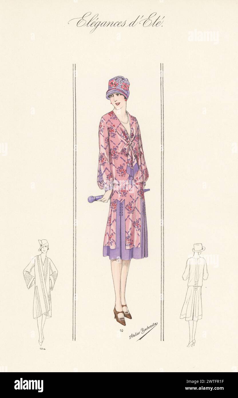 Flapper in cloche hat and summer outfit. Woman in dress of patterned silk voile, plain chiffon panels 10, matching satin coat 10a. Handcoloured lithograph by Atelier Bachwitz from Modell-Kleider fur den Hochsommer, Elegances d’Ete, Fashions for the Hot Season, Atelier Bachwitz AG, Vienna, 1926. Stock Photo
