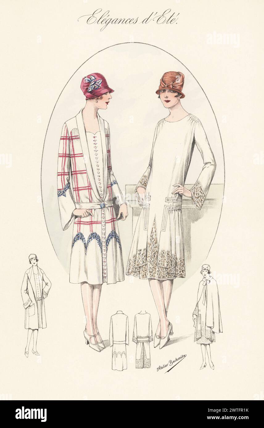 Flappers in cloche hats and summer outfits, 1926. Dress of plain and checked irana fabric (L), dress of crepe de Chine with lace borders (R). Handcoloured lithograph by Atelier Bachwitz from Modell-Kleider fur den Hochsommer, Elegances d’Ete, Fashions for the Hot Season, Atelier Bachwitz AG, Vienna, 1926. Stock Photo