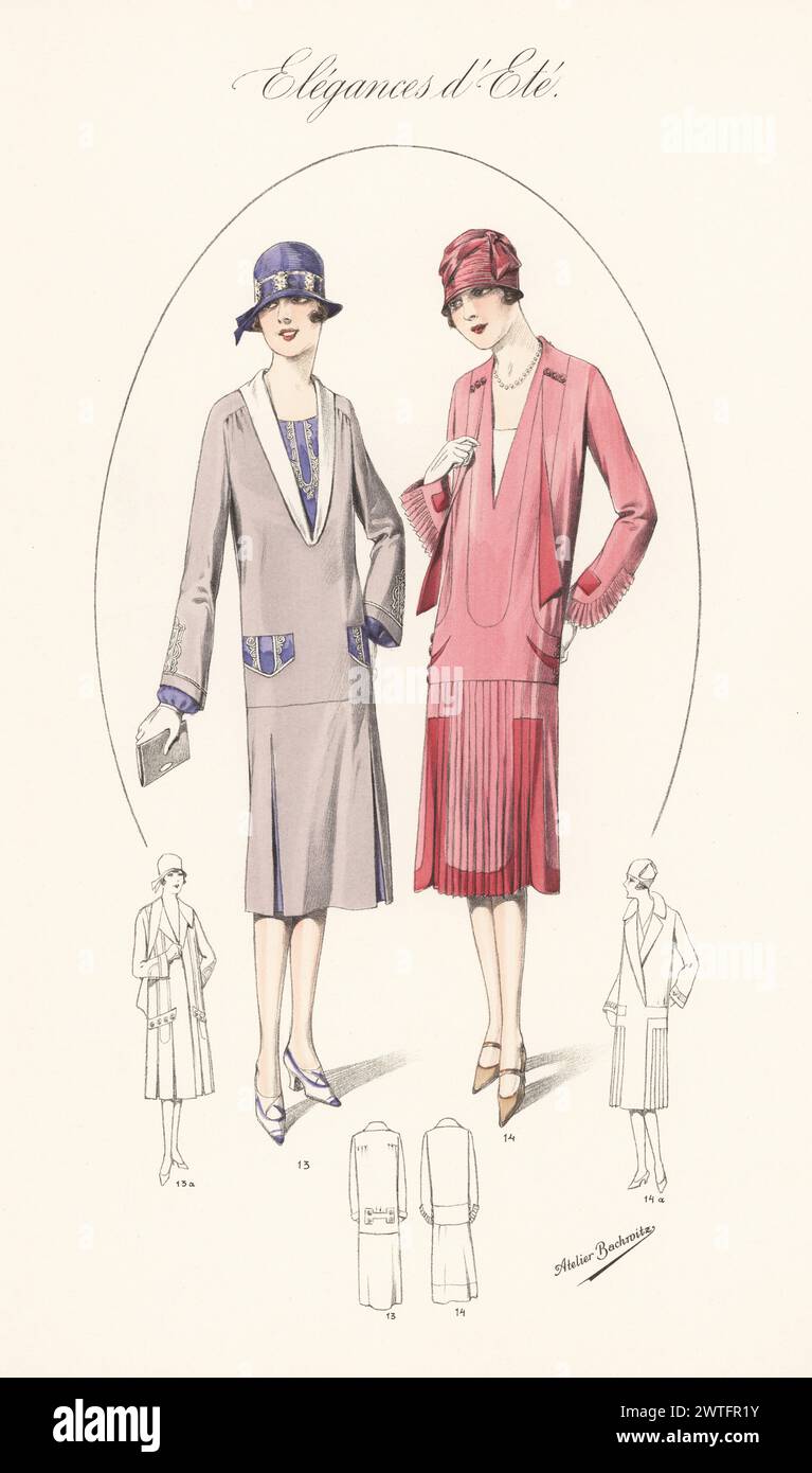 Flappers in cloche hats and summer outfits, 1926. China crepe frock with collar and plastron in pale silk crepe 13, Georgette dress with bands of shaded satin 14. Handcoloured lithograph by Atelier Bachwitz from Modell-Kleider fur den Hochsommer, Elegances d’Ete, Fashions for the Hot Season, Atelier Bachwitz AG, Vienna, 1926. Stock Photo