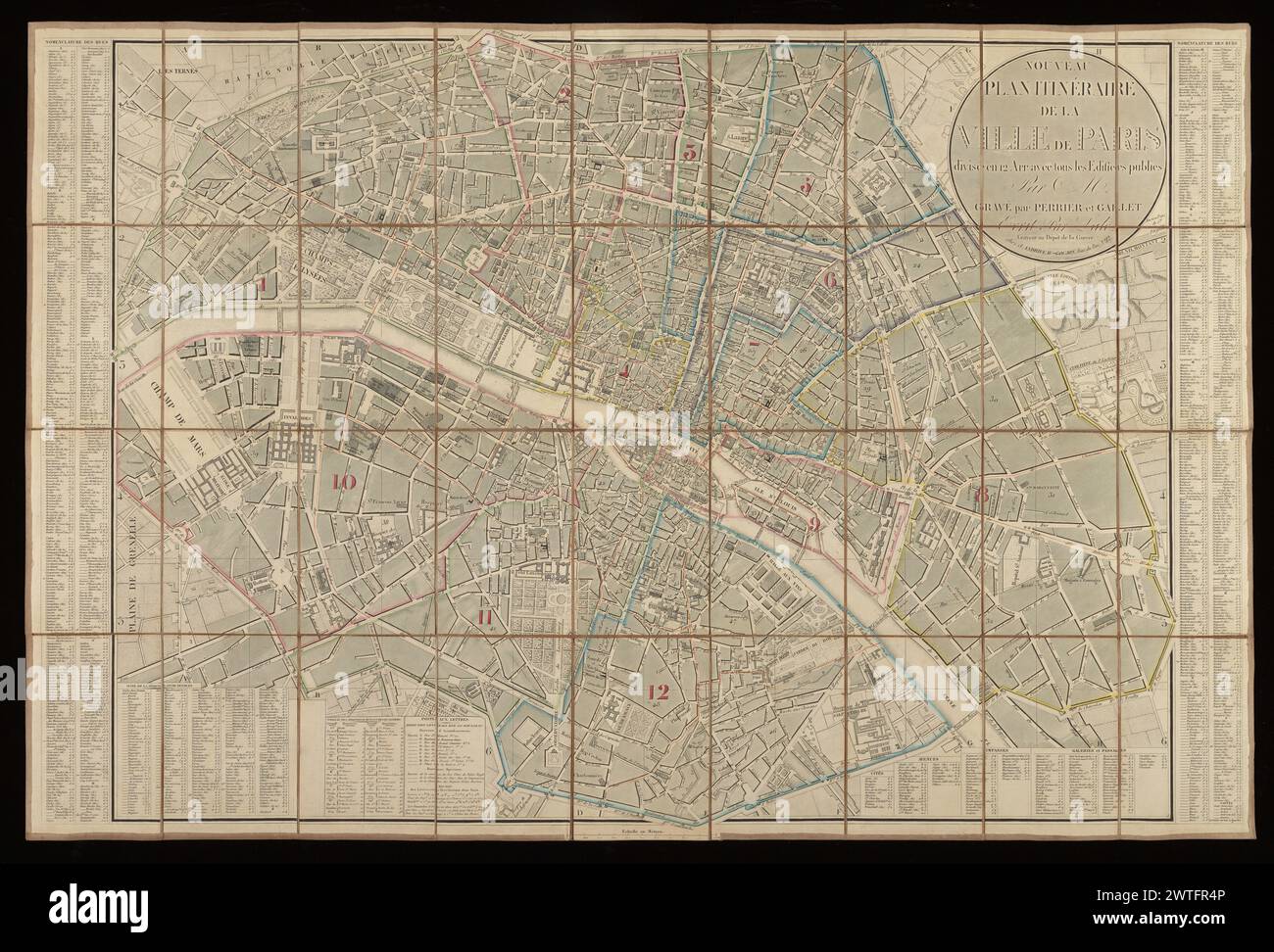 Nouveau plan itinéraire de la ville de Paris, divisé en 12 arrondissements avec tous les édifices publics / par Maire ; gravé par Perrier et Gallet ; écrit par Lale, graveur au Dépôt de la guerre, 1843. Maire, N.-M., cartographer. [1843] Author identified as Maire in Vallée, who lists six earlier editions between 1824 and 1840, published by Andriveau-Goujon at rue du Bac, No. 6. See: L. Vallée, Catalogue des plans de Paris, 1985-1990. Title in circle at upper right. Street index at left and right edges. Scale bar of 1000 meters at bottom center. Relief occasionally conveyed by hachures. Bounda Stock Photo