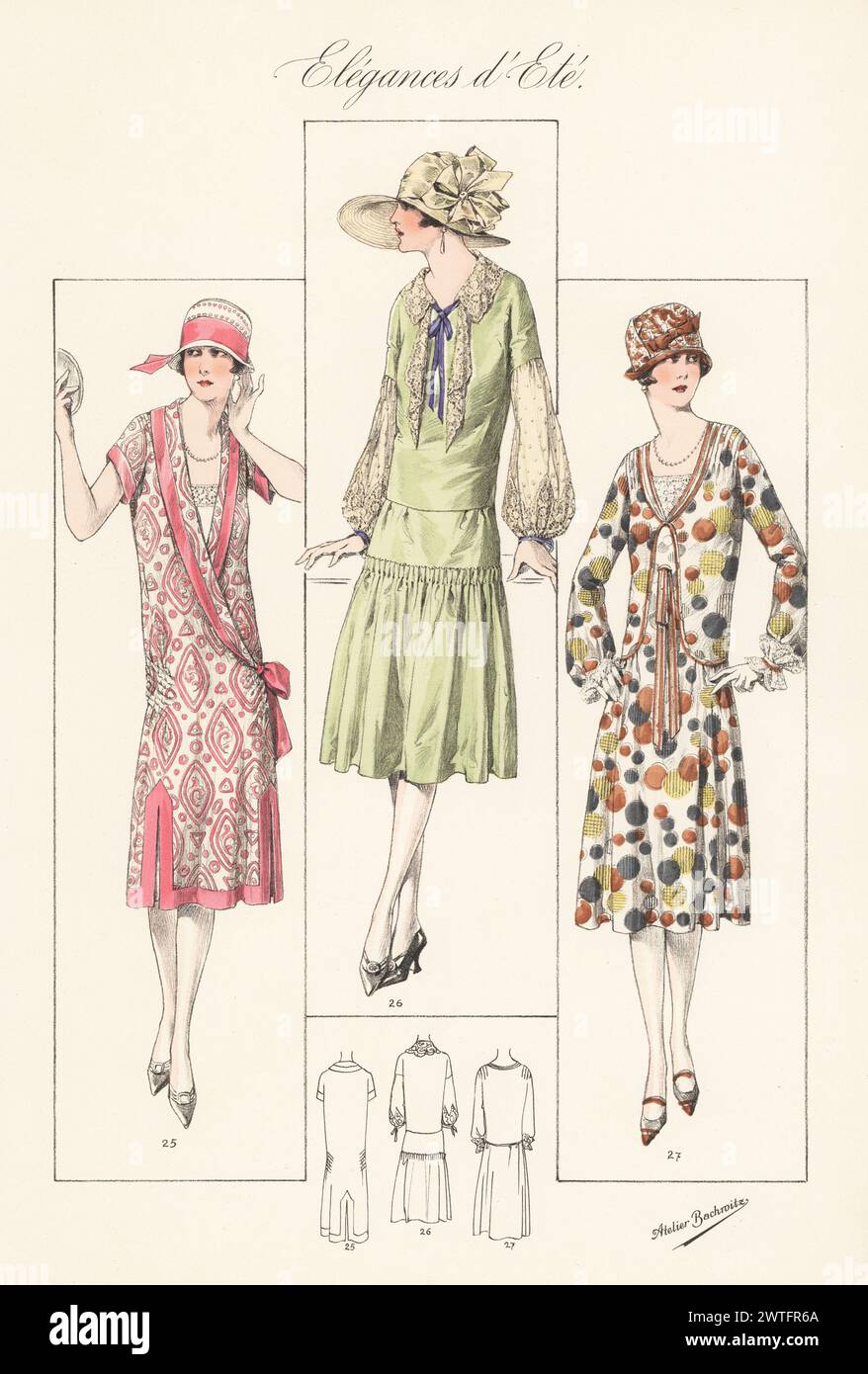 Flappers in summer hats and dresses. Patterned foulard dress with crossed shawl 25, style frock in taffetas with lace collar and sleeves 26, foulard print frock with silk collar and necktie 27. Handcoloured lithograph by Atelier Bachwitz from Modell-Kleider fur den Hochsommer, Elegances d’Ete, Fashions for the Hot Season, Atelier Bachwitz AG, Vienna, 1926. Stock Photo