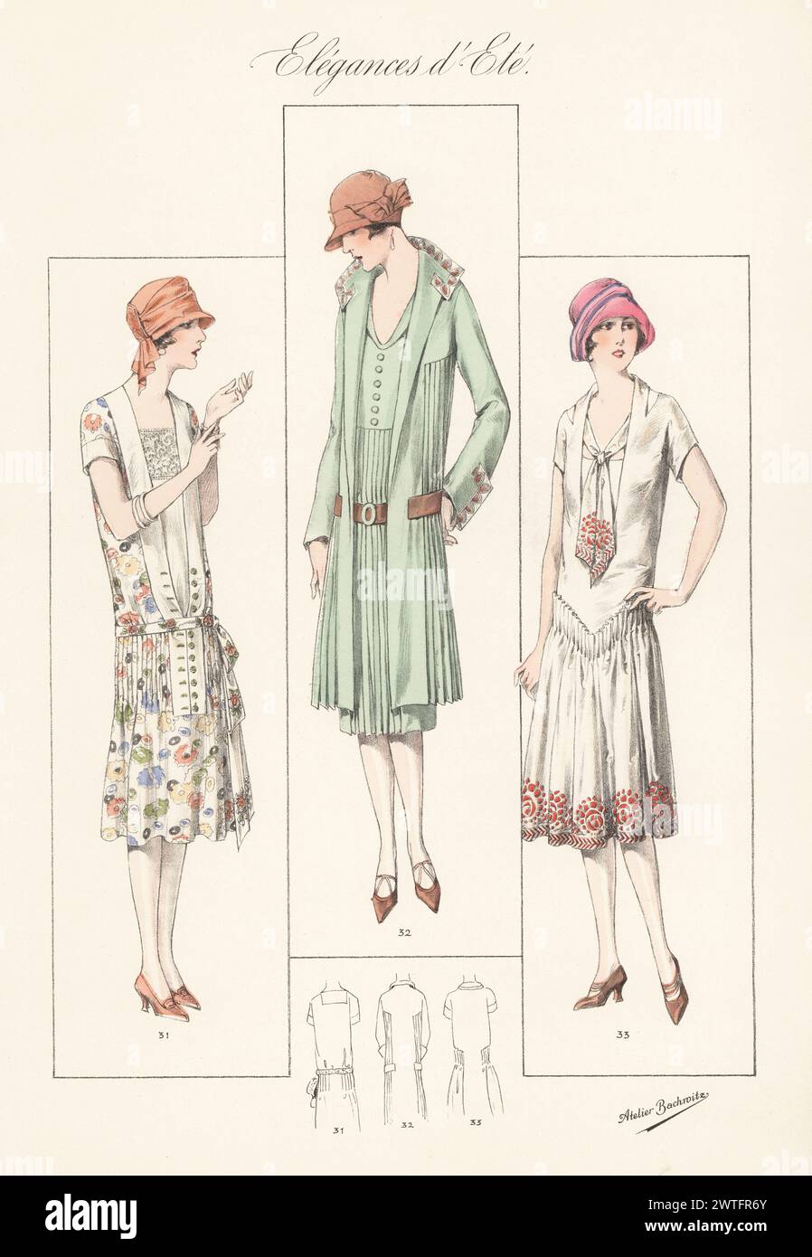 Flappers in cloche hats and summer dresses. Floral-print twill dress with crepe de Chine plastron 31, suit in crepe marocain with embroidered borders 32, style frock in radium taffetas with embroidery 33. Handcoloured lithograph by Atelier Bachwitz from Modell-Kleider fur den Hochsommer, Elegances d’Ete, Fashions for the Hot Season, Atelier Bachwitz AG, Vienna, 1926. Stock Photo