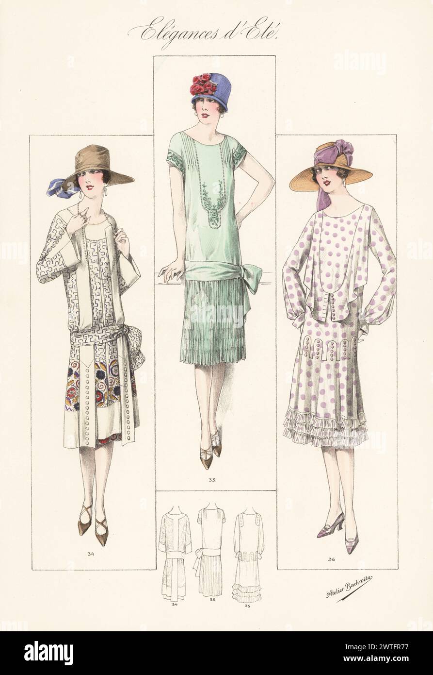Flappers in summer hats and dresses. Frock in printed foulard 34, crepella frock with coloured embroidery 35, crepe romain dress with draped collar 36 Handcoloured lithograph by Atelier Bachwitz from Modell-Kleider fur den Hochsommer, Elegances d’Ete, Fashions for the Hot Season, Atelier Bachwitz AG, Vienna, 1926. Stock Photo