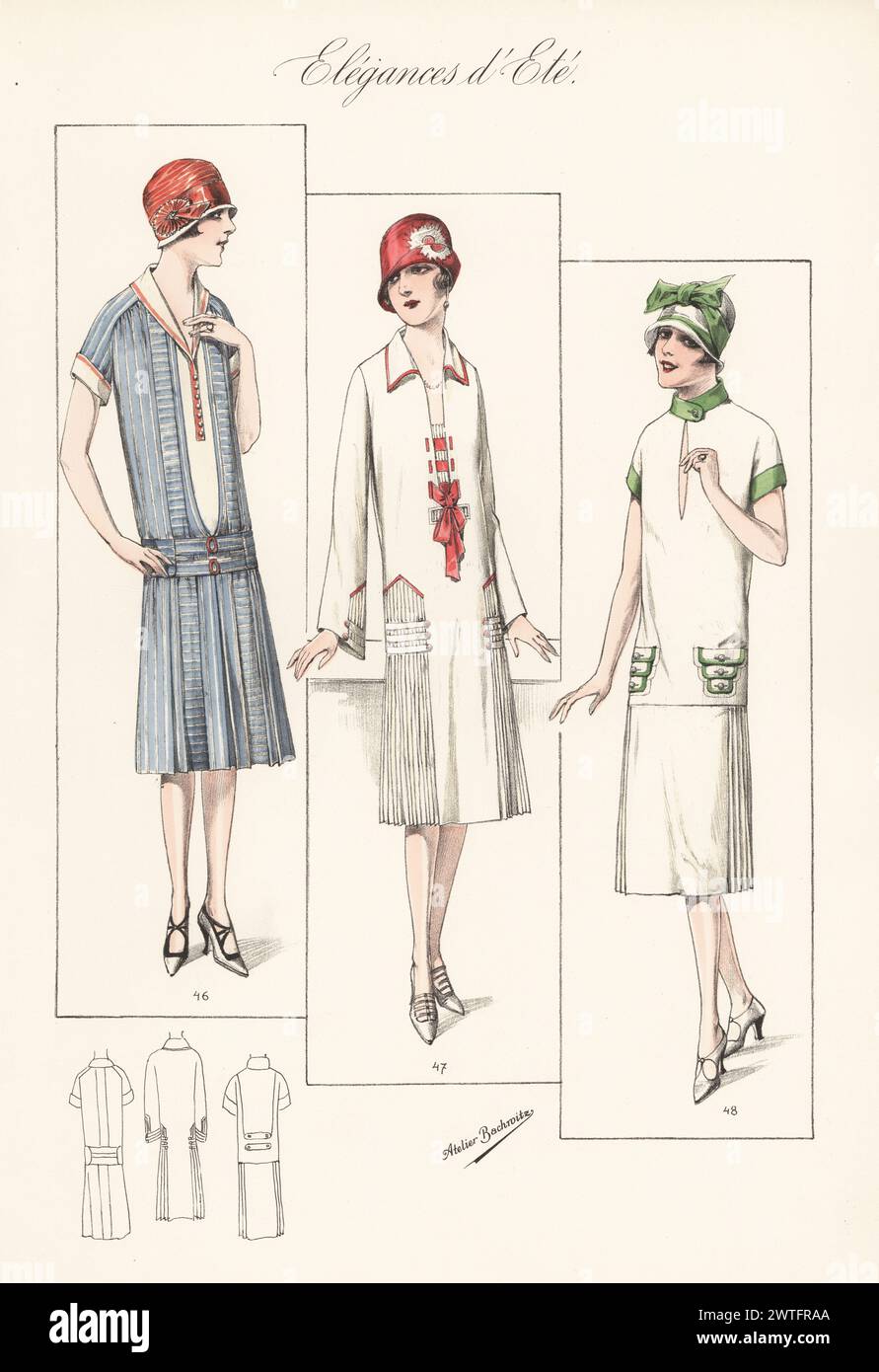 Flappers in cloche hats and summer dresses. Trotteur dress of striped natural silk 46, dress of cotton rep with coloured binding 47, jumper dress of crepella with green collar, pocket flaps and cuffs 48. Handcoloured lithograph by Atelier Bachwitz from Modell-Kleider fur den Hochsommer, Elegances d’Ete, Fashions for the Hot Season, Atelier Bachwitz AG, Vienna, 1926. Stock Photo