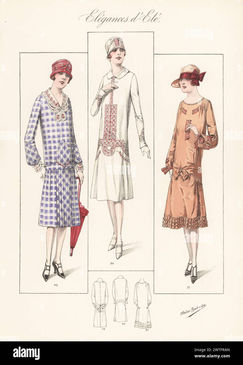 Flappers in summer hats and dresses. Check shantung frock with embroidered collar 49, summer dress in silk rep with embroidery 50, taffetas frock with shoulder pleats 51. Handcoloured lithograph by Atelier Bachwitz from Modell-Kleider fur den Hochsommer, Elegances d’Ete, Fashions for the Hot Season, Atelier Bachwitz AG, Vienna, 1926. Stock Photo