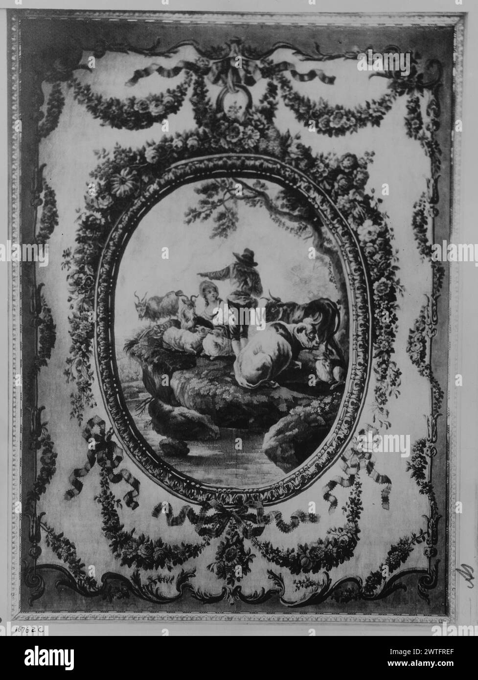 Rural couple with flocks and herd. unknown c. 1770-1790 Tapestry Materials/Techniques: unknown Culture: French Weaving Center: Aubusson Ownership History: French & Co. Suspended medallion with couple (ALENTOUR) arabesque frame with floral garlands & festoons, tied ribbons No French & Co. stock sheet in archive, no stock number Related Works: Panels in set: 0240361, 0240363, 0240365, 0240367 Stock Photo