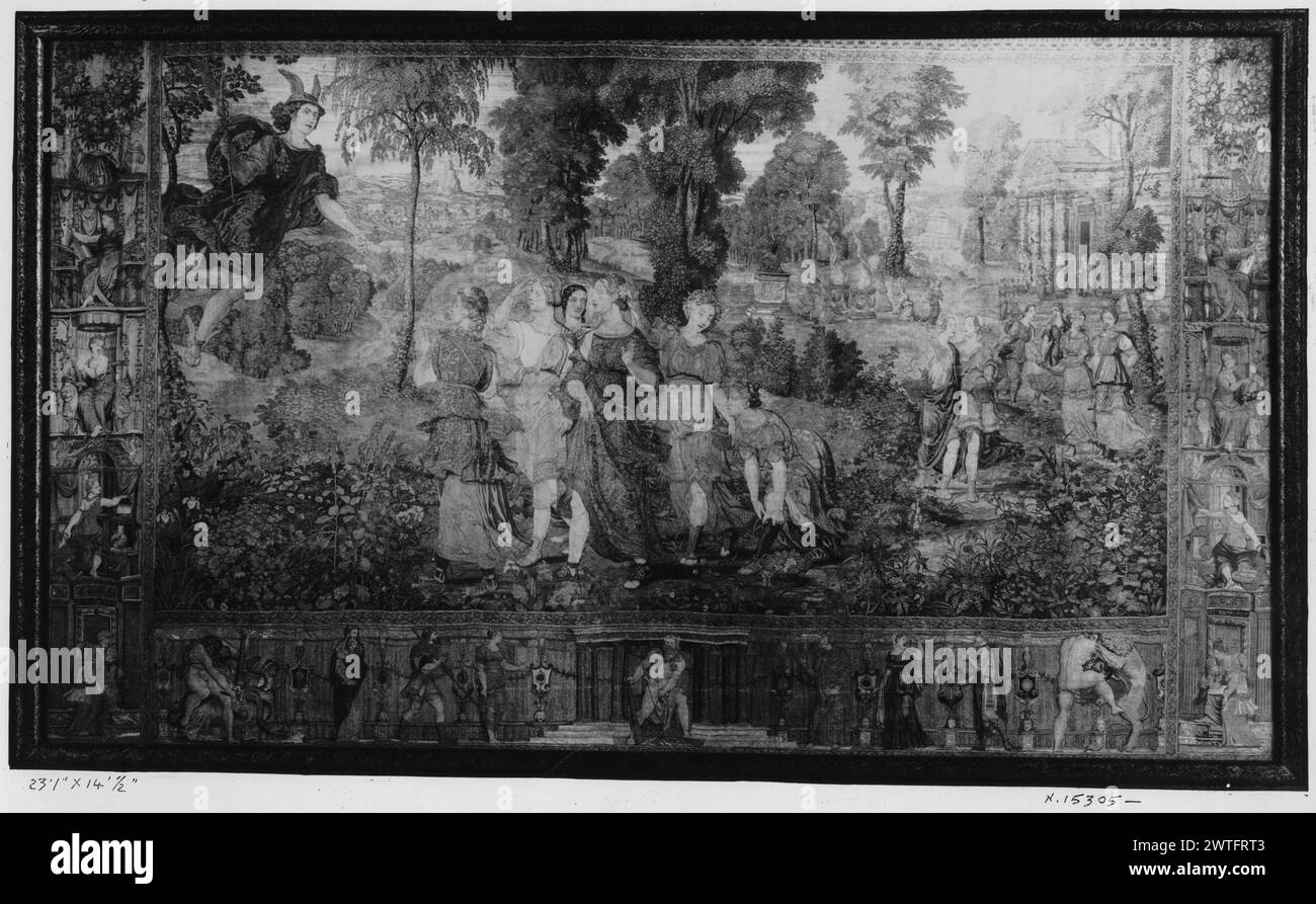 Mercury seeing Herse. Pannemaker, Wilhelm de (Netherlandish (before 1600) - Flanders, act. 1535-1578) (workshop) [weaver] c. 1550 Tapestry Dimensions: H 14'.5' x W 23'1' Tapestry Materials/Techniques: wool & silk; metallic thread (silver-gilt); metallic thread (gilt silver) Culture: Flemish Weaving Center: Brussels Ownership History: La Cerda family, dukes of Medinaceli, Spain (complete set in their possession, possibly since the sixteenth century). Duchess of Denia, widow of the duke (in her possession until her death in 1903, when the tapestry passed to the duke's heirs). French & Co. Spain, Stock Photo