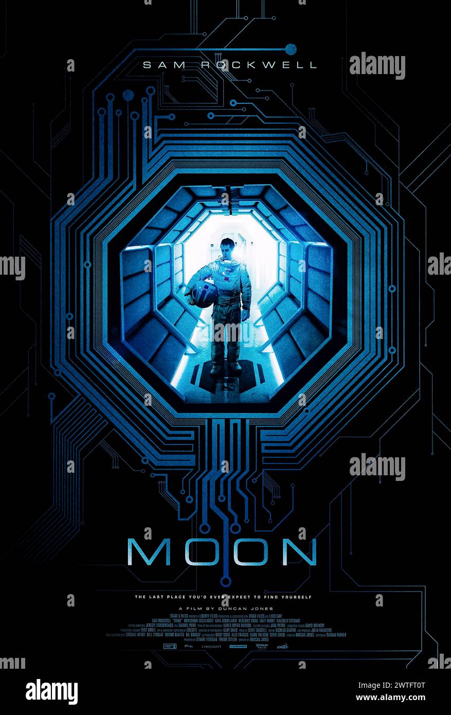 Moon (2009) directed by Duncan Jones and starring Sam Rockwell as an astronaut working on the moon who discovers his retirement may come sooner then planned. Photograph of an original 2009 poster designed for the US premier at the Sundance Film Festival  ***EDITORIAL USE ONLY***. Credit: BFA / Stage 6 Films Stock Photo
