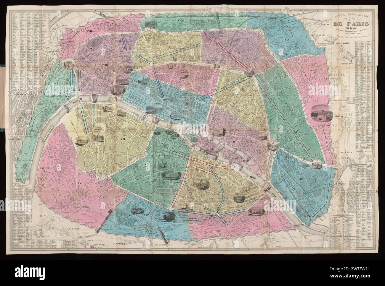 Nouveau plan illustré de la ville de Paris en 1860 : indiquant les changements, les voies projetées et en cours d'éxécution, 1860. [1860] Scale not given. Includes index of streets. Views of Important buildings etc. appear at their site on the plan. The 20 arrondissements are hand colored. Thoroughfares under construction are indicated in red, those projected in blue. Folded plan mounted on p. [3] of pasteboard cover. Etching on p. [1] of cover with Fatout's address and view of Arc de Triomphe. Faint former owner's stamp in blue ink on verso: Léon [Brault?] ... 18, Paris. Indexed by: Vallée, L Stock Photo