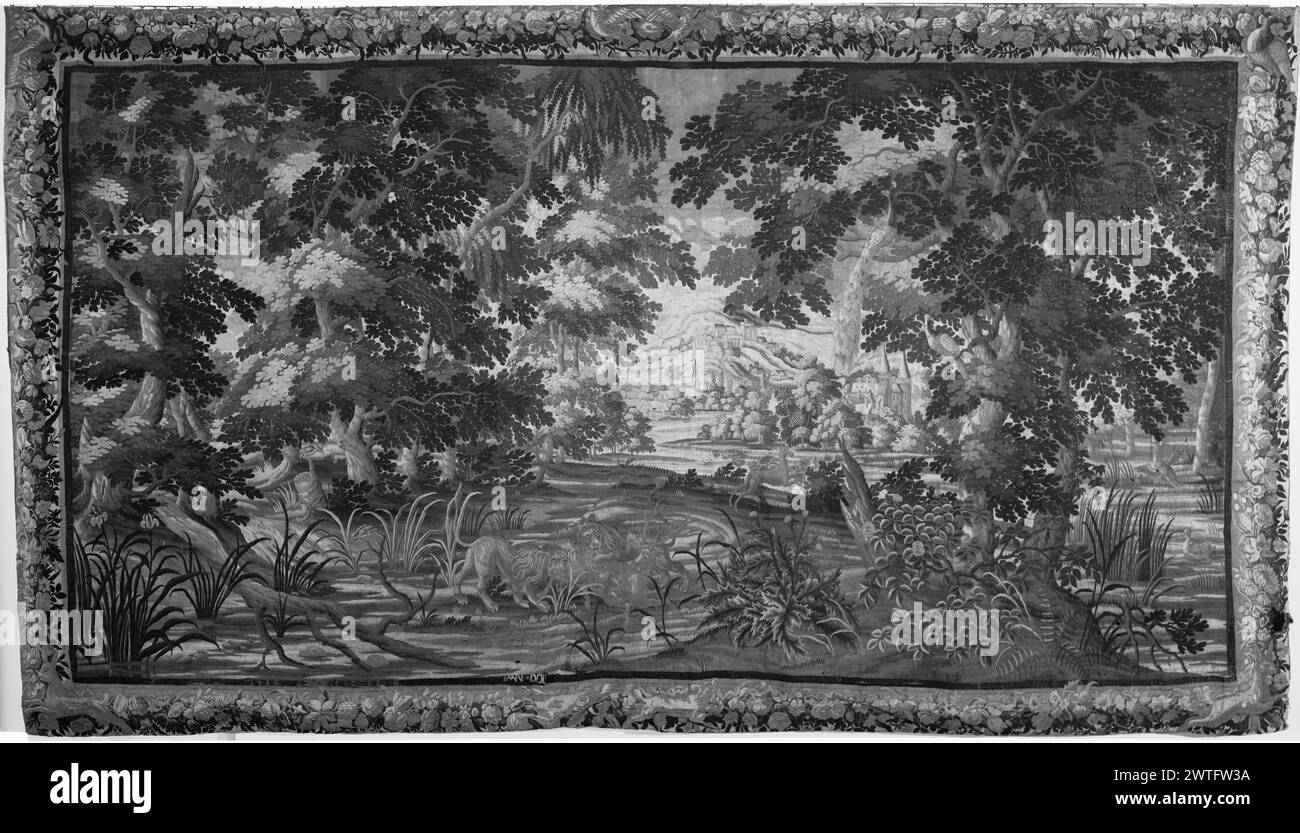 Landscape with two lions attacking stag. unknown c. 1675-1725 Tapestry Dimensions: H 7'2' x W 9'8' Tapestry Materials/Techniques: unknown Culture: Flemish Weaving Center: unknown Ownership History: French & Co. purchased from Mr. Francis B. Whiting, received 9/22/1966 (or 10/11/1966); sold to Banco Federal Stan. 12/28/1966. Inscriptions: Weaver mark on lower inner guard, left of center: DOL Stock Photo