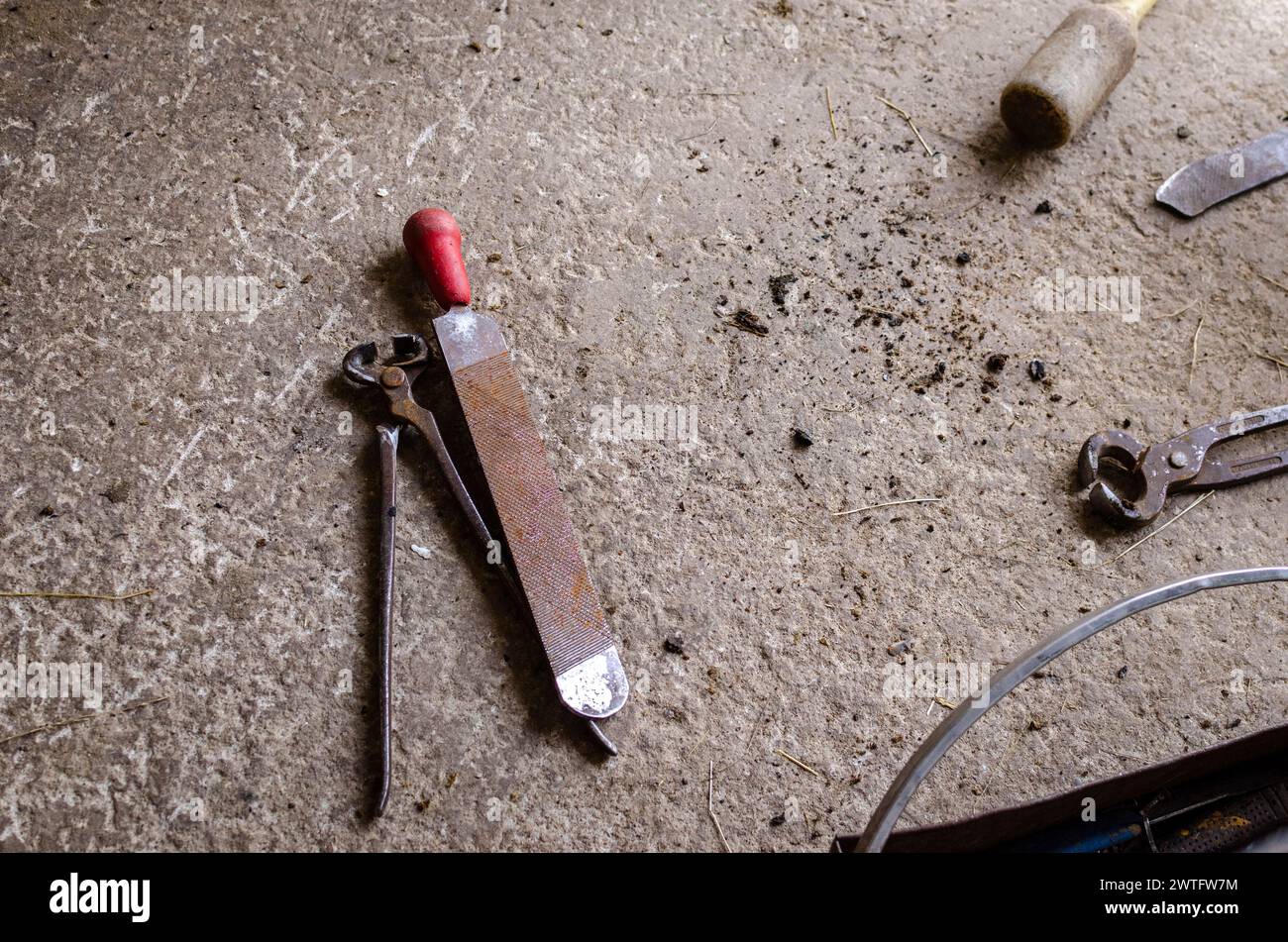 the blacksmith's anvil and tools, iron work, horseshoes, file pliers, hand tools Stock Photo