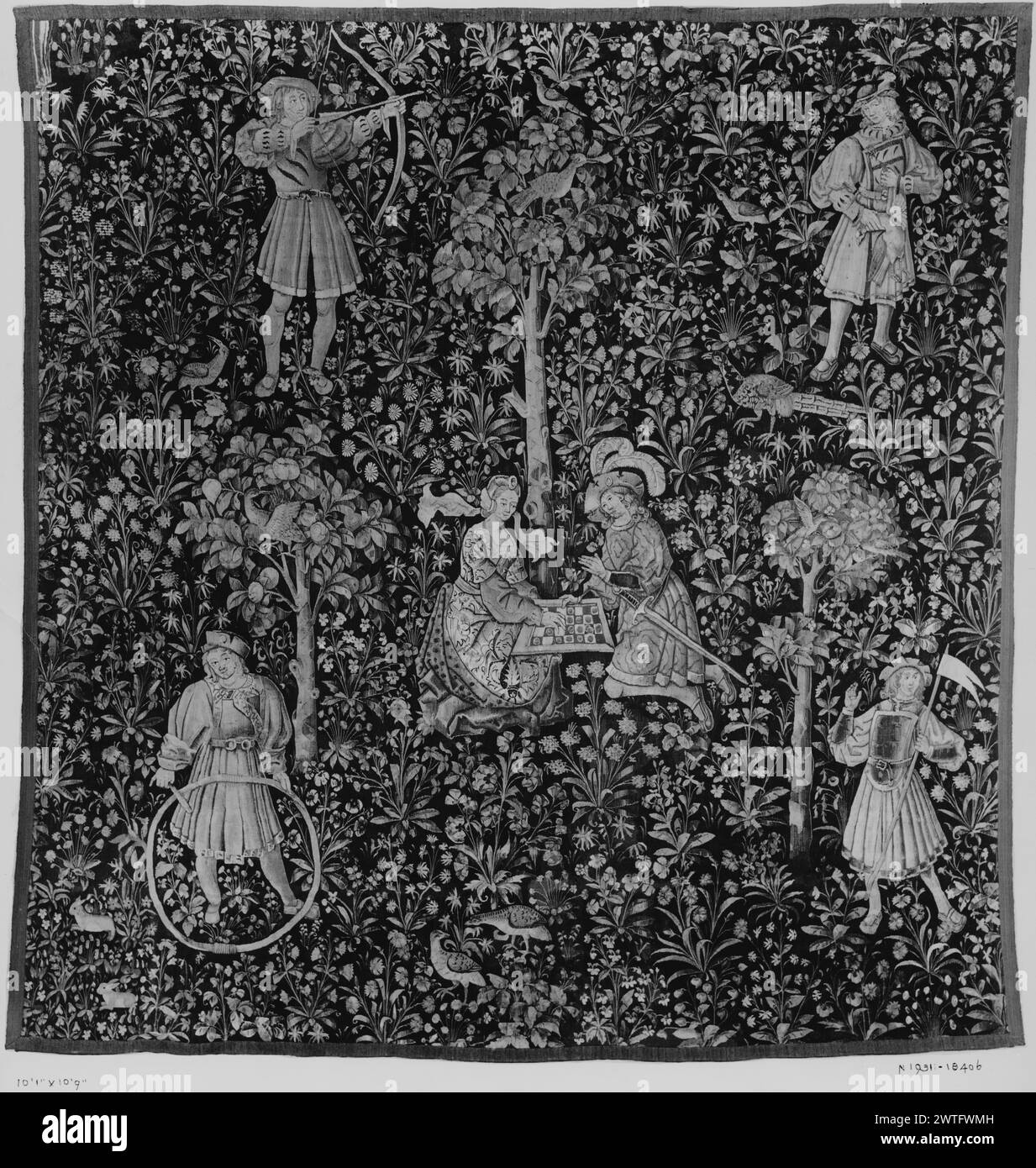 Millefleurs ground with couple playing chess. unknown c. 1500-1525 Tapestry Dimensions: H 10'9' x W 10'1' Tapestry Materials/Techniques: wool & silk Culture: Southern Netherlands Ownership History: Mme. Camille Lelong [Laurentine-Françoise Bernage] coll. French & Co. purchased from Edson Bradley, invoiced 4/29/1935; sold 1/31/1936 to Mrs. Grace R. Rogers [SS 18406]. French & Co. purchased from Parke-Bernet Galleries (Grace Rainey Rogers sale) 11/18/1943; sold to Geo [George?] Booth 7/24/1944 [SS 76714]. Cranbrook Academy of Art/Museum, Bloomfield, Michigan; sold at Sotheby's Parke-Bernet (New Stock Photo