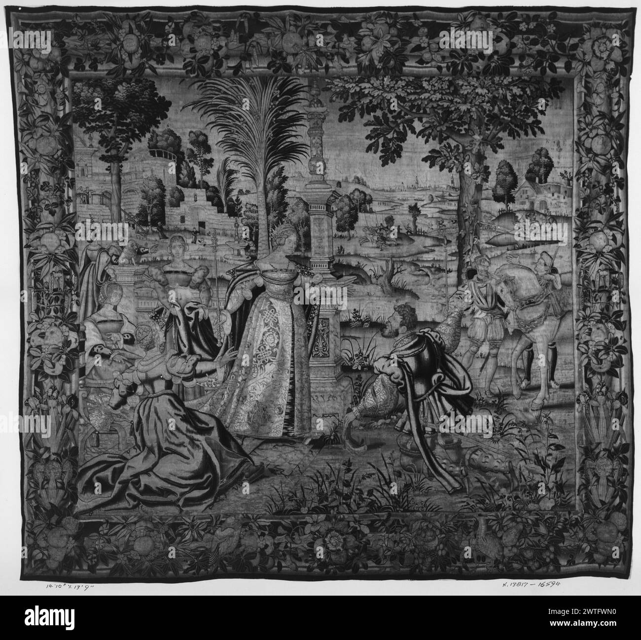 Queen Tomyris receives message from Cyrus. unknown c. 1535-1550 Tapestry Dimensions: H 13'9' x W 14'10' Tapestry Materials/Techniques: unknown Culture: Flemish Weaving Center: Brussels Ownership History: French & Co. received from Joseph Brummer, invoiced 5/25/1929; returned 5/3/1932 [SS. 16594]. French & Co. received from Mrs. Edith Strauss 10/29/1947; returned 10/21/1963 [SS 79357]. Queen Tomyris stands at steps of her palace (L of center, foreground); Cyrus' messenger kneels before her (R of center, foreground); 3 ladies-in-waiting, couple stands talking (L, middle ground); 2 men wait near Stock Photo