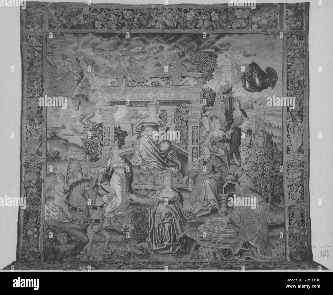 Allegory of Prudence and the Five Senses. unknown c. 1530-1550 Tapestry Dimensions: H 11'10' x W 13'11' Tapestry Materials/Techniques: unknown Culture: Flemish Weaving Center: unknown Ownership History: French & Co. purchased from American Art Association (609) 11/1916; sold to Mrs. J. S. Cosden. Female personification of Prudence seated in architectural pavilion & surrounded by personifications in landscape; above are horses personifying the senses Vision, Smell, Touch & Taste on L next to male crowned figure; Solomon & another male figure are on top of pavilion; female personification of Wis Stock Photo