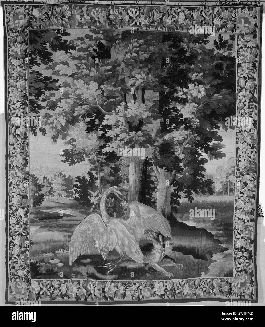 Landscape with swan and dog. unknown c. 1700-1750 Tapestry Dimensions: H 9'3' x W 8' Tapestry Materials/Techniques: unknown Culture: Flemish Weaving Center: unknown Ownership History: French & Co. purchased from Myron C. Taylor, received 11/19/1941; sold to Rivas Eyzaguirre & Co. 3/12/1953. Stock Photo