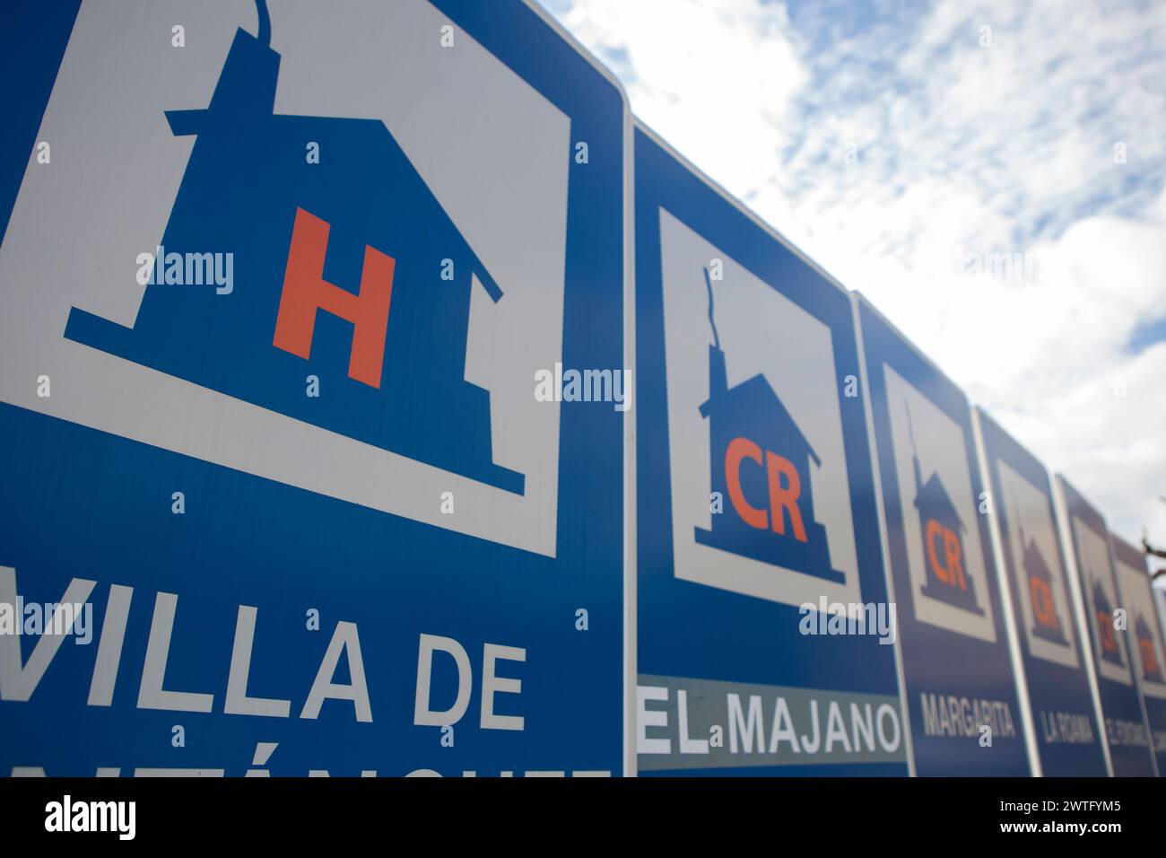 Montanchez, Spain - Jan 12nd, 2024: Rural accomodation sign posts placed at village entrance, Montanchez, Spain Stock Photo