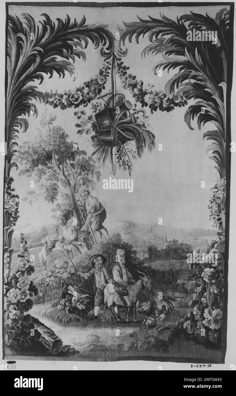 Cherry pickers and boy riding a goat. Huet, Jean-Baptiste (French, 1745-1811) (designed after) [painter] c. 1785-1800 Tapestry Dimensions: H 7'10' x W 5' Tapestry Materials/Techniques: unknown Culture: French Weaving Center: Aubusson Ownership History: French & Co. purchased from Alice G. Hubbard (Margaret B. Gould, agent), received 6/17/1917; sold to Mrs. H. J. Bradbury 8/20/1918. In landscape with trees & wild plants, boy riding goat with companion behind holding a stick, near chickens in foreground; man on ladder laid against tree drops cherries into basket held by girl & assisted by anothe Stock Photo