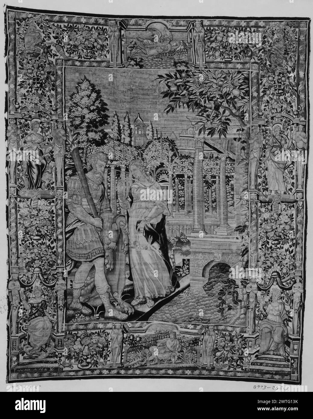 Hercules with Virtue. unknown c. 1600 Tapestry Dimensions: H 13'5' x W 10'9' Tapestry Materials/Techniques: unknown Culture: Flemish Weaving Center: Brussels Ownership History: French & Co. purchased from American Art Association (R. Tolentino sale), invoiced 1/31/1925. In garden with architectural backdrop, Hercules stands with his club & lion's skin next to female personification of Virtue (BRD) female figures seated & standing beneath miniature architectural framework, interspersed with bunches of flowers, fruit, small figures & grotesques (UPR & LWR BRD) central landscape scenes with figur Stock Photo