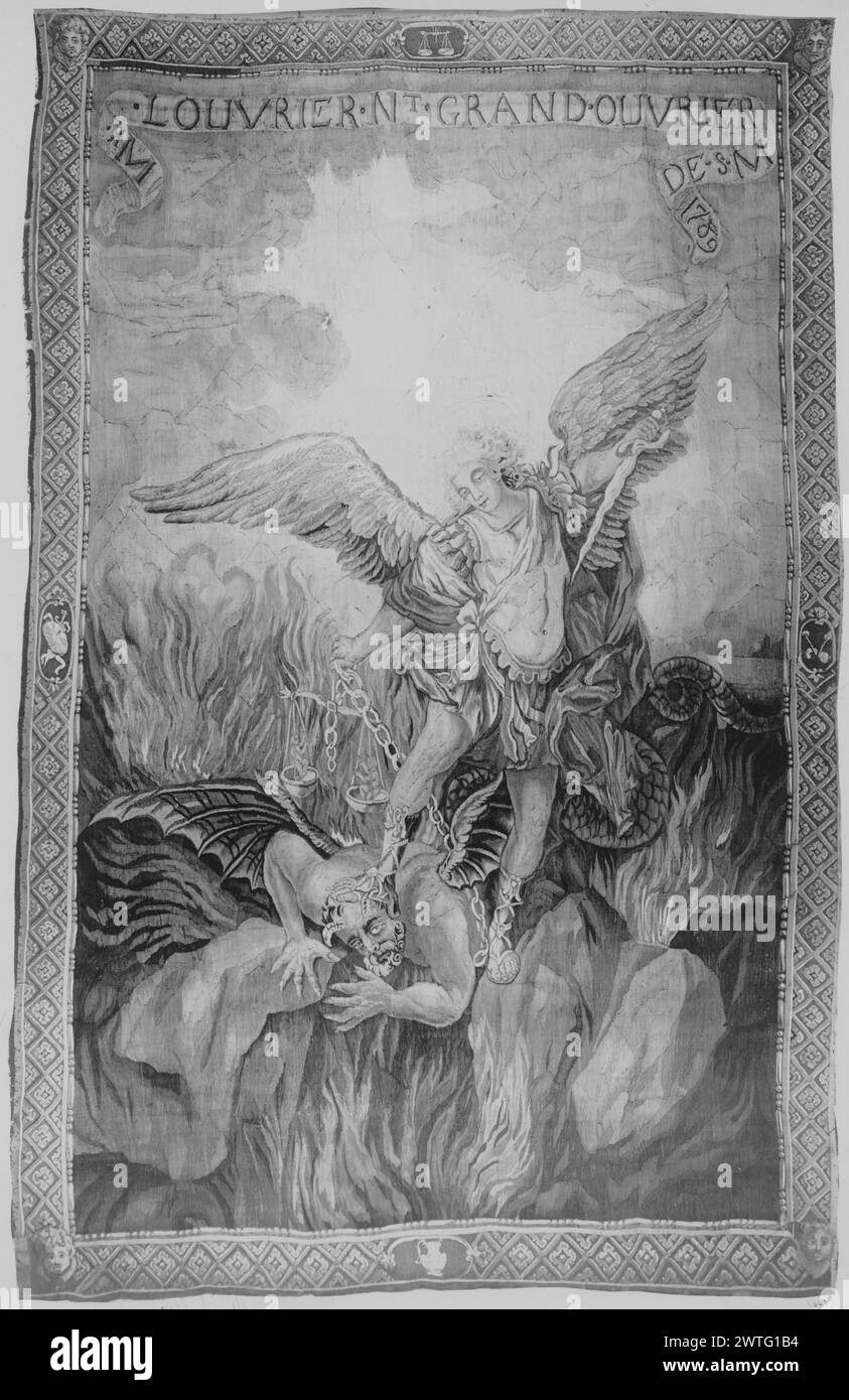 Archangel Michael fighting against dragon (Satan). unknown dated 1789 Tapestry Dimensions: H 9'6' x W 6'6' Tapestry Materials/Techniques: unknown Culture: French Weaving Center: Aubusson Ownership History: French & Co. purchased from Art Salon Universal ('with Frank D. Veiller'), received 4/1/1922; sold to Mr. Louis [Roons] Jr. 12/18/1922. Inscriptions: Inscription on scroll on upper field: Mr. LOUVRIER.Nt.GRAND.OUVRIER DE.S.M 1789 Satan prostrate under feet of Archangel Michael, who is about to slay him, while holding a balance with a human soul in each pan (BRD) bead-&-reel on inner border & Stock Photo