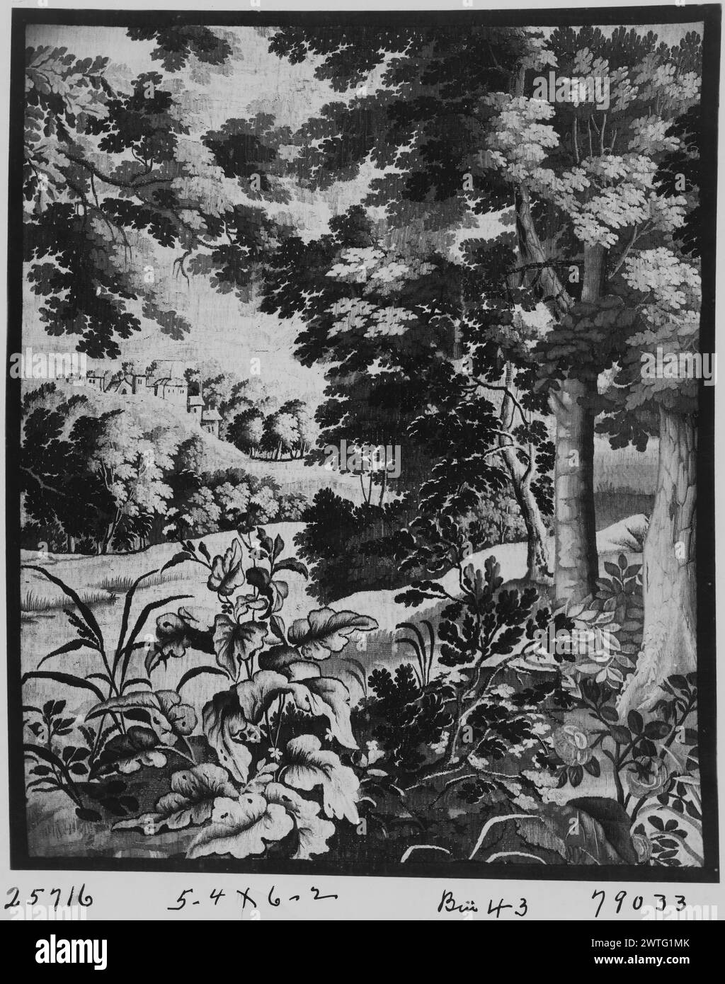 Landscape with building on hill in middle distance. unknown c. 1650-1675 Tapestry Dimensions: H 6'2' x W 5'4' Tapestry Materials/Techniques: unknown Culture: Flemish Weaving Center: unknown Ownership History: French & Co. purchased from Mr. William Miller, received 7/18/1947; sold to U. R. [B?] Fraser 12/31/1949. Stock Photo