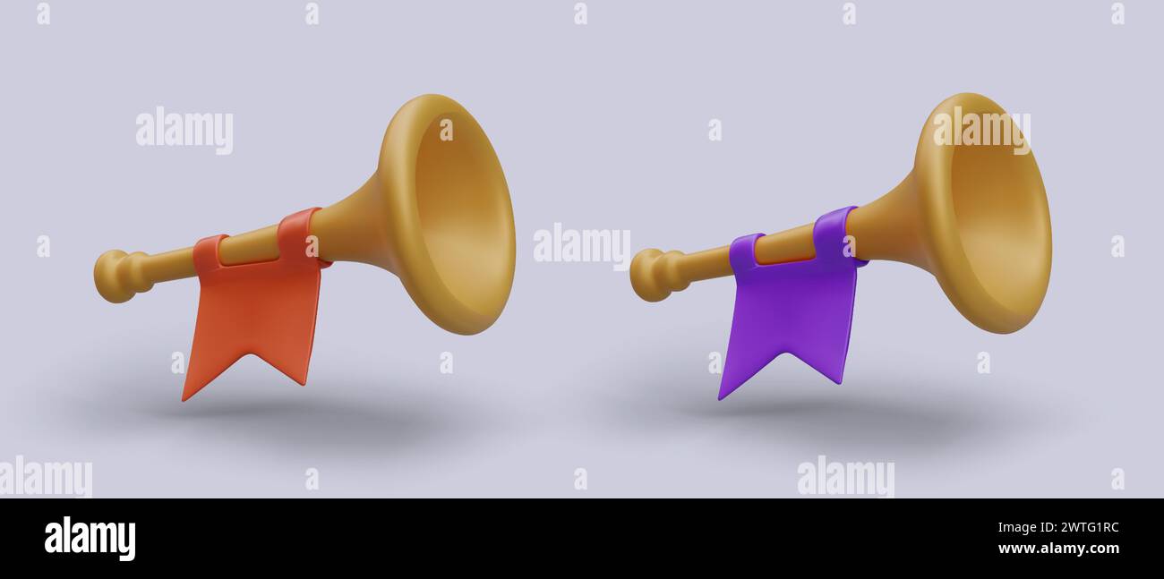 Set of trumpets with flags of different colors. Fanfare. Army musical