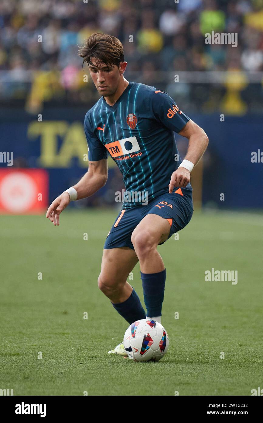 VILLARREAL, SPAIN - MARCH 17: Jesus Vazquez Left-Back of Valencia CF runs with the ball during LaLiga EA Sports match between Villarreal FC and Valencia CF at Estadio de la Ceramica on March 17, 2024 in Villarreal, Spain. (Photo By Jose Torres/Photo Players Images) Stock Photo