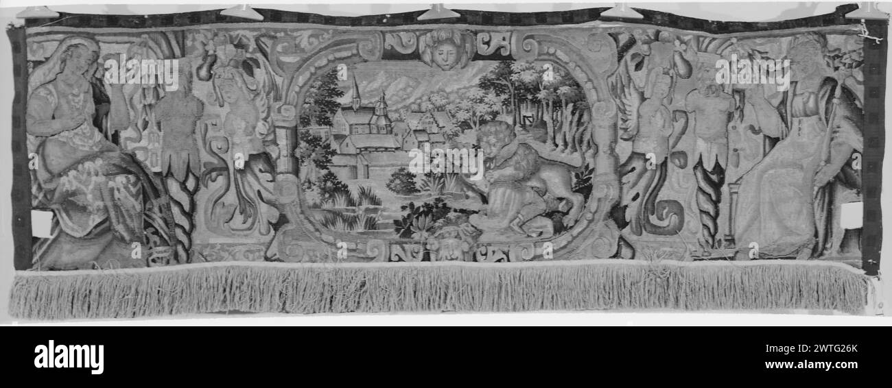 Valance with lion attacking man. unknown c. 1575-1625 Tapestry Dimensions: H 1'7' x W 5'7' Tapestry Materials/Techniques: unknown Culture: Flemish Weaving Center: unknown Ownership History: French & Co. received from Mrs. Charles Oestreich, received 11/19/1965; returned 4/25/1969. Landscape medallion with lion attacking man flanked by herms & seated allegorical figures; fringe along lower edge Fragment from a horizontal border of a hanging, made up as a valance. French & Co. stock sheet in archive, J-382-x Stock Photo