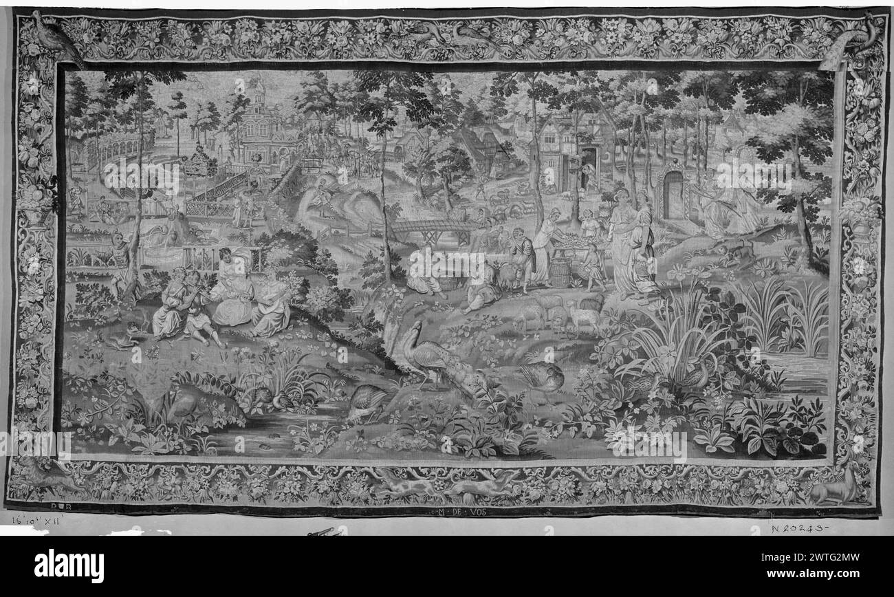 month. Vos, Marcus de (Flemish, act.1655-1700) (workshop) [weaver] c. 1660 Tapestry Dimensions: H 11' x W 16'10' Tapestry Materials/Techniques: unknown Culture: Flemish Weaving Center: Brussels Ownership History: French & Co. received from Mrs. Everett, received 12/17/1937; returned 12/15/1938. Inscriptions: City mark on lower guard, left Inscriptions: Woven signature in lower guard, center: M DE VOS Within landscape, group of seated musicians, nearby stands jester (L, middle ground), women shearing sheep, flock of sheep graze nearby, 2 women stand & talk, women making wreaths [or chaplets] ou Stock Photo