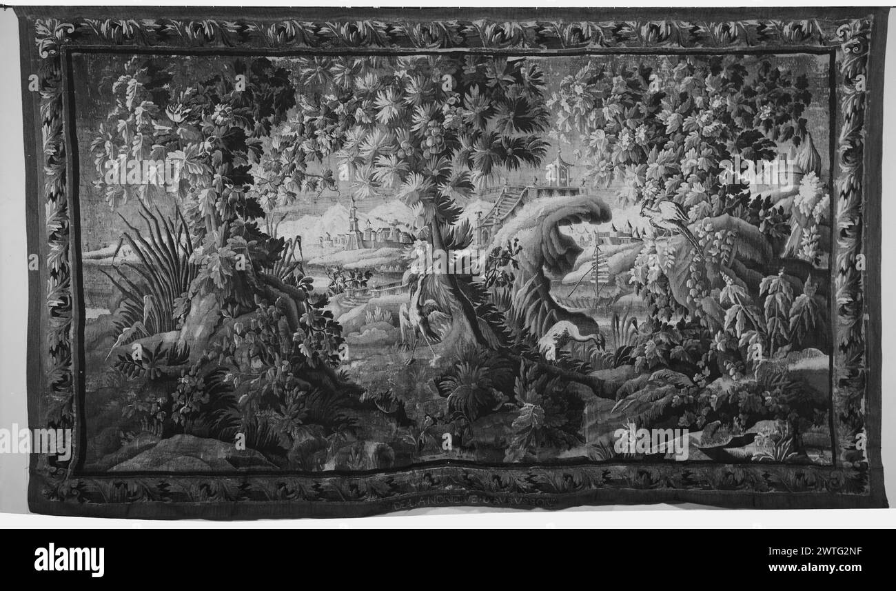 Exotic chinoiserie landscape. Pillement, Jean (French, 1728-1808) (designed after) [painter] Landrièsve, François (French, act. 1740-1770) (workshop) [weaver] c. 1780-1800 Tapestry Dimensions: H 9'8' x W 16'6' Tapestry Materials/Techniques: unknown Culture: French Weaving Center: Aubusson Ownership History: French & Co. purchased from Miss Kathleen Channing, received 11/6/1964; sold to Ricon de Arts 2/18/1965. Inscriptions: Woven signature on lower guard, center-left: DE LANDRIE[?]VE D'AUBUSSON (Cavallo). Scene divided by 3 leafy, flowering trees with fruits; a heron & other birds in foregroun Stock Photo