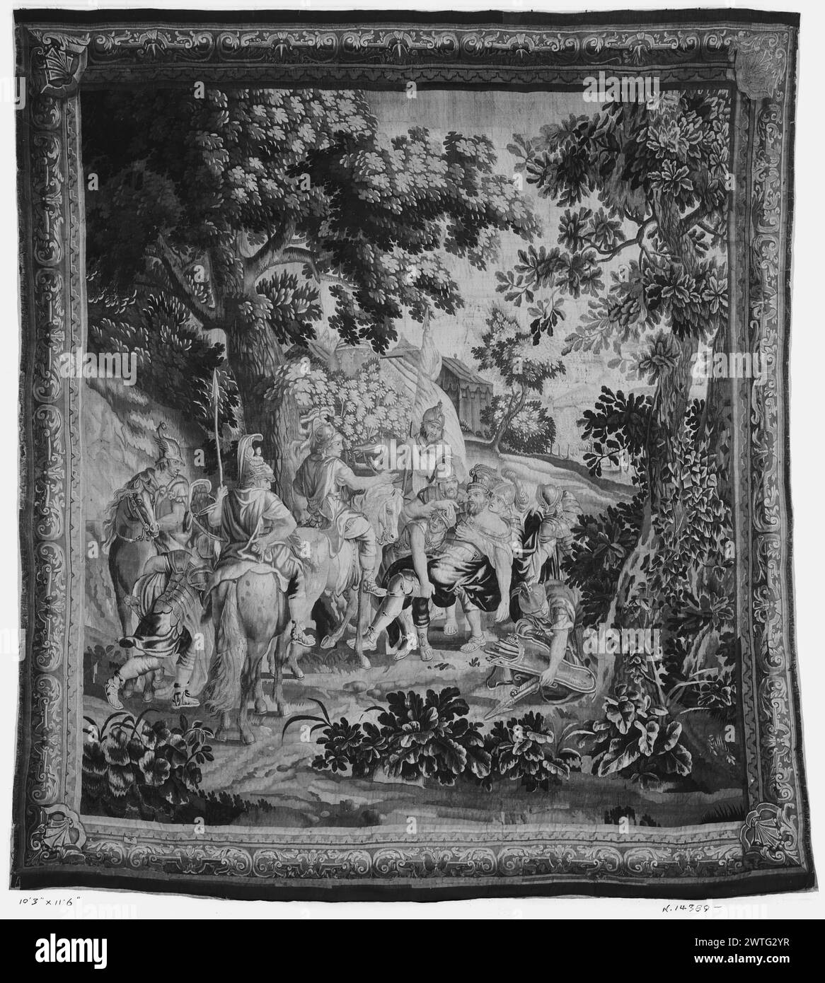 Clemency of Alexander. Le Brun, Charles (French, 1619-1690) (designed after) [painter] c. 1700-1725 Tapestry Dimensions: H 11'6" x W 10'3" Tapestry Materials/Techniques: unknown Culture: Flemish Ownership History: French & Co. received from P. Lorillard, invoiced 11/18/1929. United States, New York, New York, Harvard Club of New York City. Defeated King Porus, covered with wounds, comes before Alexander, who restores his dominions (BRD) abstracted acanthus-leaf motif with foliage moldings in each corner Composition reversed. French & Co. stock sheet in archive, 16706-d Related Works: Panels in Stock Photo