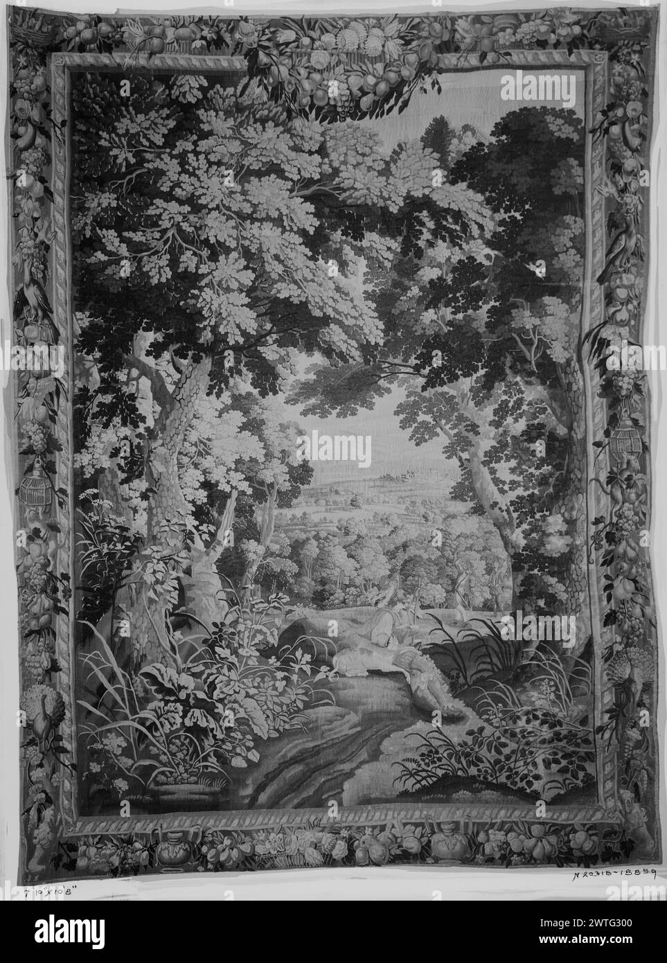 Landscape with hunter and hound resting. unknown c. 1660-1680 Tapestry Dimensions: H 10'8' x W 7'10' Tapestry Materials/Techniques: unknown Culture: Flemish Weaving Center: unknown Ownership History: French & Co. purchased from R. W. Bliss, invoiced 3/8/1937; sold to Mrs. C. Gerngross, 10/22/1938. Stock Photo