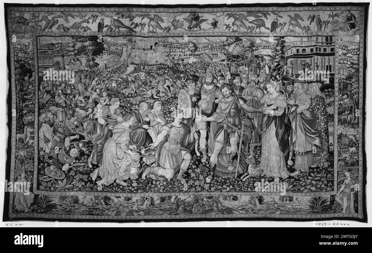 Continence of Scipio. Reymbouts, Martin II (Netherlandish (before 1600) - Flanders, b.1570-d.1619) (workshop) [weaver] c. 1590-1610 Tapestry Dimensions: H 10' x W 16'6' Tapestry Materials/Techniques: unknown Culture: Flemish Weaving Center: Brussels Ownership History: William Gage Brady coll. French & Co. purchased from Bacri Frères 4/15/1920; sold to S. A. Selma 6/12/1962. Inscriptions: City mark on lower guard, left; weaver mark on right guard, middle Scipio enthroned, surrounded by women & soldiers, restores captive woman to her bridegroom Allucius (R of center, foreground); Allucius, accom Stock Photo