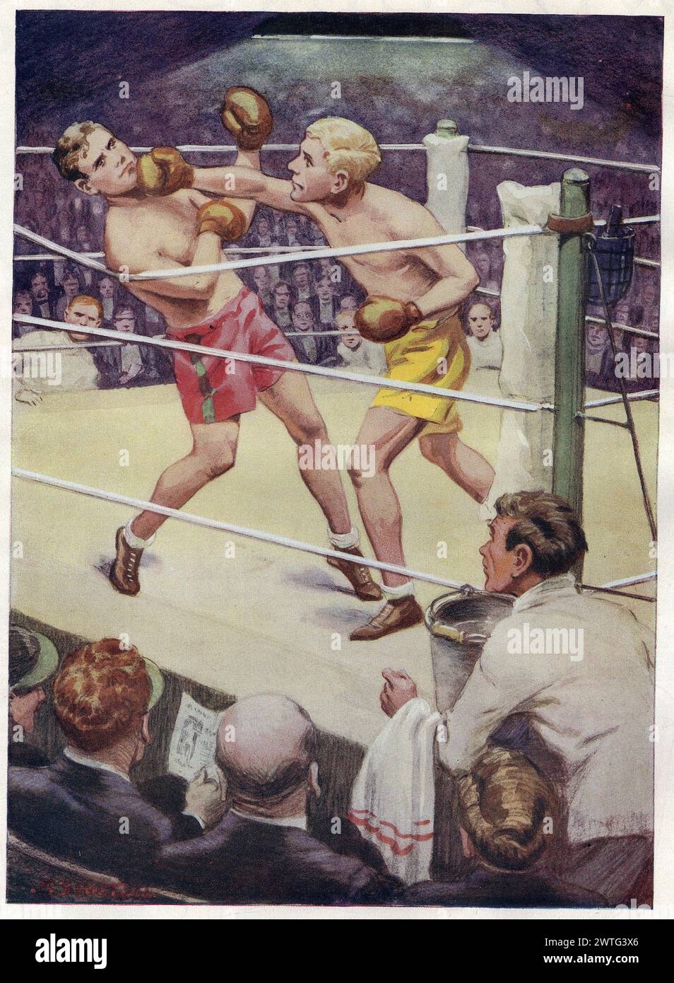 COLOUR PLATE TITLED 'KNOCK OUT' APPEARED IN CHUMS, AN ILLUSTRATED MAGAZINE FOR BOYS PRINTED IN 1916 Stock Photo