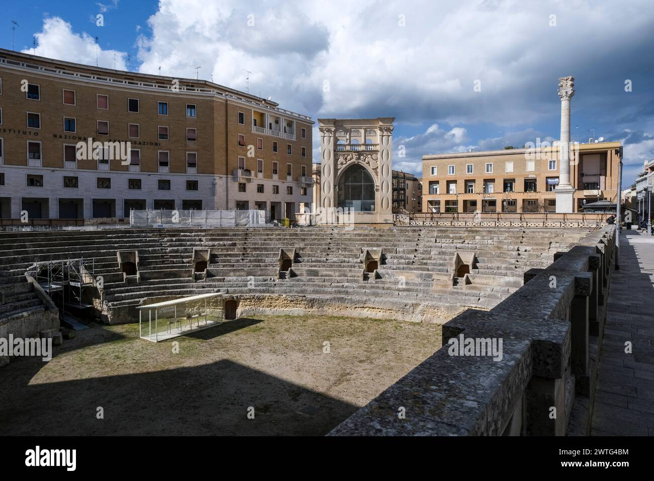 Lecce, Italy. 07th Mar, 2024. The well-preserved Roman amphitheater, where gladiator fights took place in ancient times, is located in Piazza Sant'Oronzo. Credit: Jens Kalaene/dpa/Alamy Live News Stock Photo