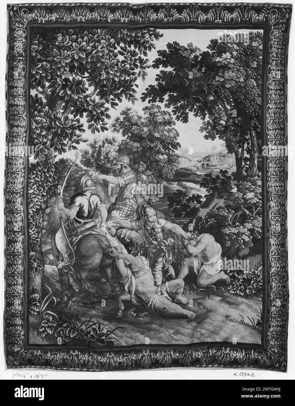 King Porus brought before Alexander . Le Brun, Charles (French, 1619-1690) (designed after) [painter] c. 1700-1725 Tapestry Dimensions: H 10'1' x W 7'10.5' Tapestry Materials/Techniques: unknown Culture: Flemish Weaving Center: unknown Ownership History: French & Co. Alexander accompanied by 2 soldiers, on foot & on horseback, drag 3 prisoners with bound wrists (BRD) abstracted acanthus-leaf motif Group from the lower left 1/3 foreground of complete composition; also reversed. Stock Photo