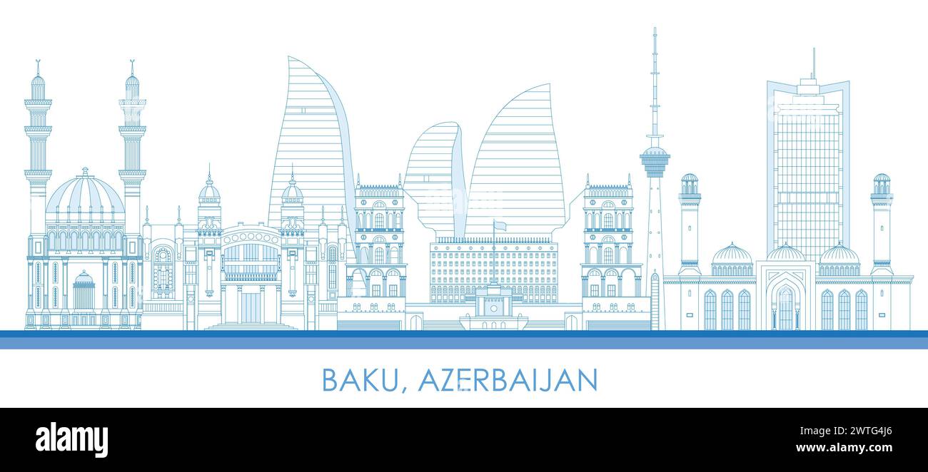 Outline Skyline panorama of town of Baku, Azerbaijan - vector illustration Stock Vector