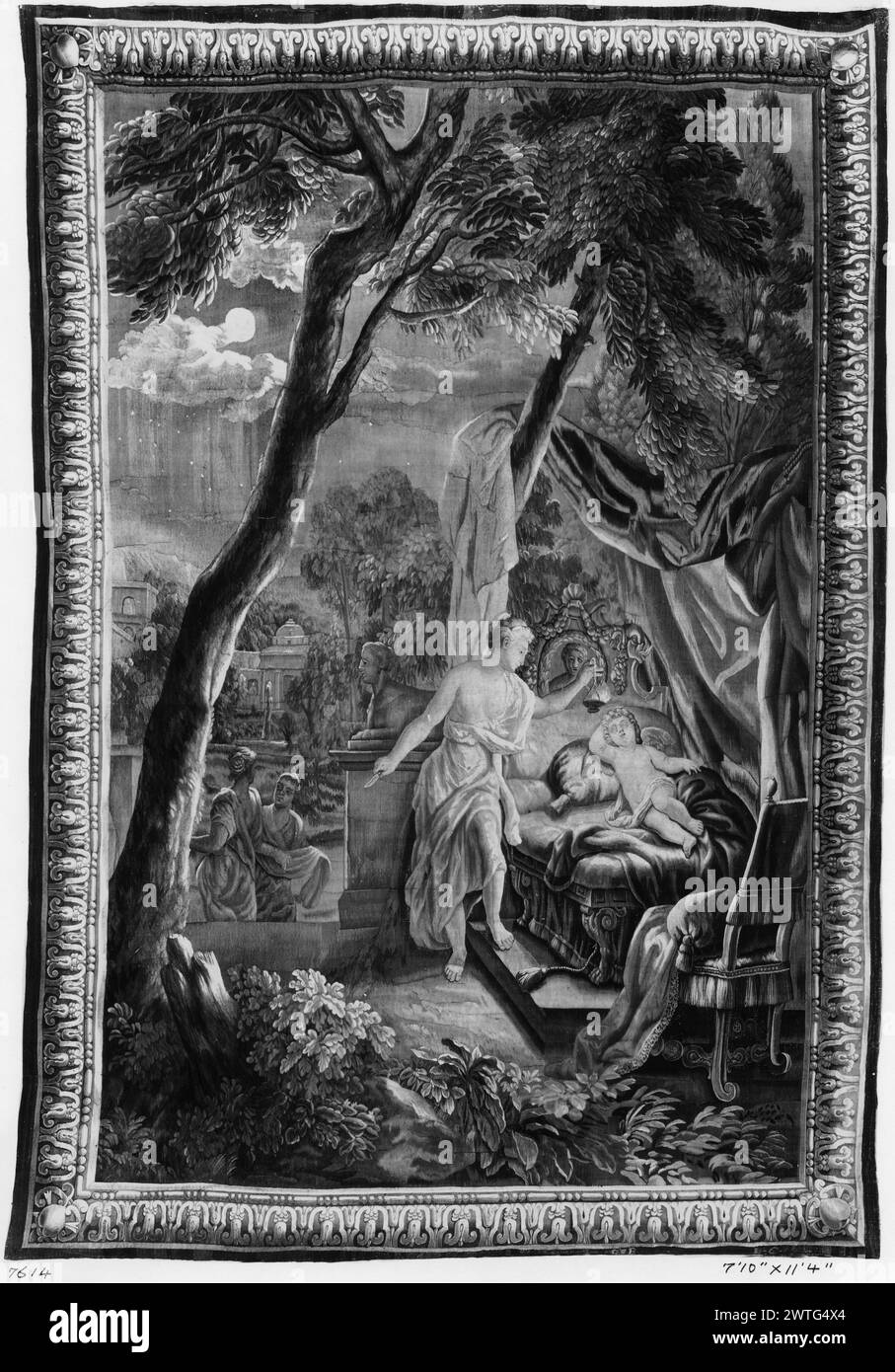 Psyche looks at sleeping Cupid. unknown c. 1700-1735 Tapestry Dimensions: H 11'4' x W 7'10' Tapestry Materials/Techniques: unknown Culture: Flemish Weaving Center: Brussels Ownership History: French & Co. purchased from Mr. Wellens, invoiced 3/31/1924. Inscriptions: City mark on lower guard, right of center; woven monogram in lower guard, right: I.C Related Works: Panels in set: GCPA 0240900-0240903 Stock Photo