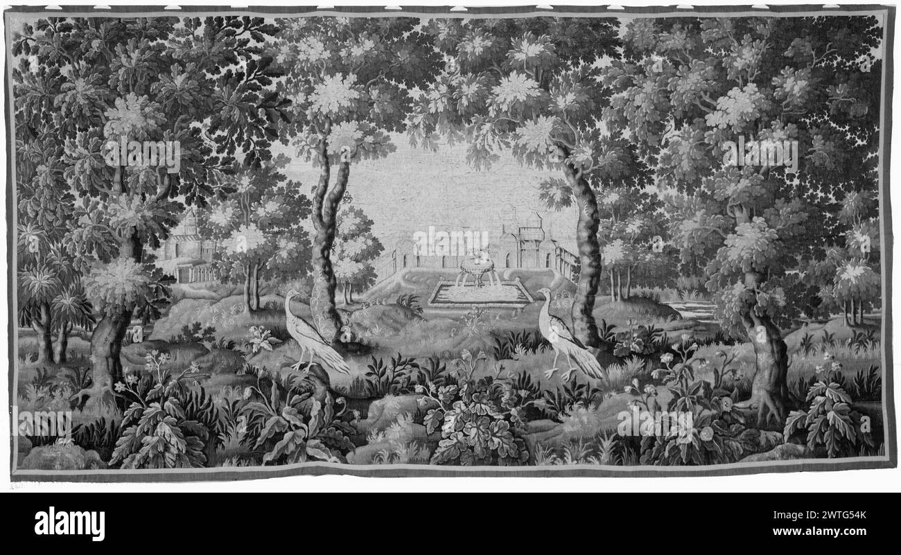 Landscape with birds; garden and buildings in distance. unknown c. 1675-1725 Tapestry Dimensions: H 7'4' x W 13'10' Tapestry Materials/Techniques: unknown Culture: Flemish Weaving Center: unknown Ownership History: French & Co. purchased from Mrs. George Cristoveneau, received 1947; sold to Countess [Mathilde M.] de Brinska 11/21/1961. Stock Photo