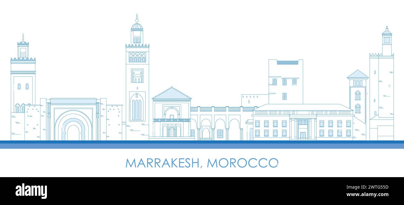 Outline Skyline panorama of town of Marrakesh, Morocco - vector illustration Stock Vector