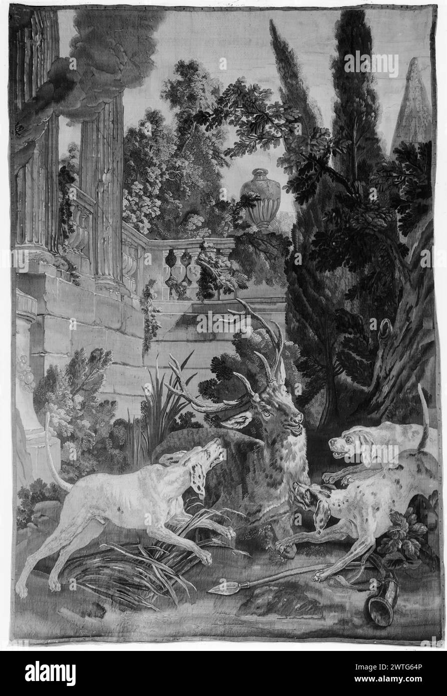 Actaeon changed into stag and devoured by his own dogs. Oudry, Jean-Baptiste (French, 1686-1755) (designed after) [painter] c. 1770 Tapestry Dimensions: H 10'7' x W 7'3' Tapestry Materials/Techniques: unknown Culture: French Weaving Center: Aubusson Ownership History: Arnold Seligmann, Paris (Soustelle). Frederick Housman, New York, 1941 (Soustelle). French & Co. purchased from Parke-Bernet Galleries, Lot 390, (Douglas sale), received 9/26/1941; sold to Anders Jahre 4/17/1964. As punishment for seeing her bathe, Diana changes Actaeon, the hunter, into stag, which is devoured by his own dogs; a Stock Photo