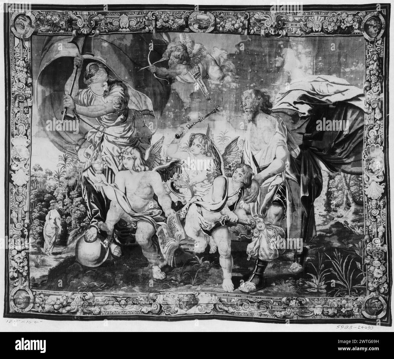 Fortune. Sallaert, Anthonis (Flemish, ca.1590-1657/58) (author of design, attr.) [draughtsman] c. 1640-1660 Tapestry Dimensions: H 10'4' x W 12'9' Tapestry Materials/Techniques: unknown Culture: Flemish Weaving Center: Brussels Ownership History: French & Co. purchased from Chadbourne 12/28/1921; sold to Stroheim & Romann 11/20/22. Inscriptions: Brussels city mark on lower guard, left of center Fortune blindfolded, resting right foot on globe & holding rudder with billowing sail (L, middle ground), Cupid floating & aiming arrow at Fortune (center, top), 3 winged boys carrying crown, scepter, b Stock Photo