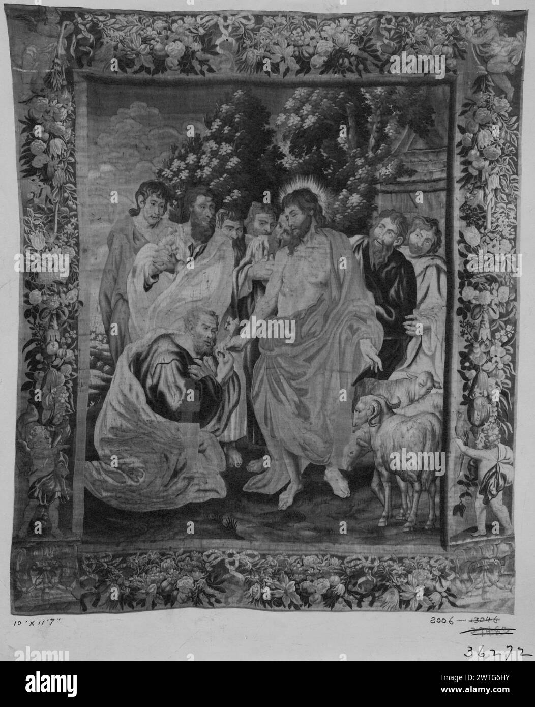 Christ gives keys of heaven to St. Peter. Raphael (Italian, 1483-1520) (designed after) [painter] c. 1650-1670 Tapestry Dimensions: H 11'7 x W 10' Tapestry Materials/Techniques: unknown Culture: Flemish Weaving Center: Brussels Ownership History: French & Co. purchased from Mrs. Adrienne H. Joline, received 9/15/1924, invoiced [1]/19/1925; sold to G. C. Booth 7/26/1939. Christ, having just given kneeling Peter key to heaven, stands with flock of lambs; group of apostles surround Peter (John 21:15-17) (BRD) garlands of flowers & fruit tied with ribbons; putti near each corner This panel is a pa Stock Photo