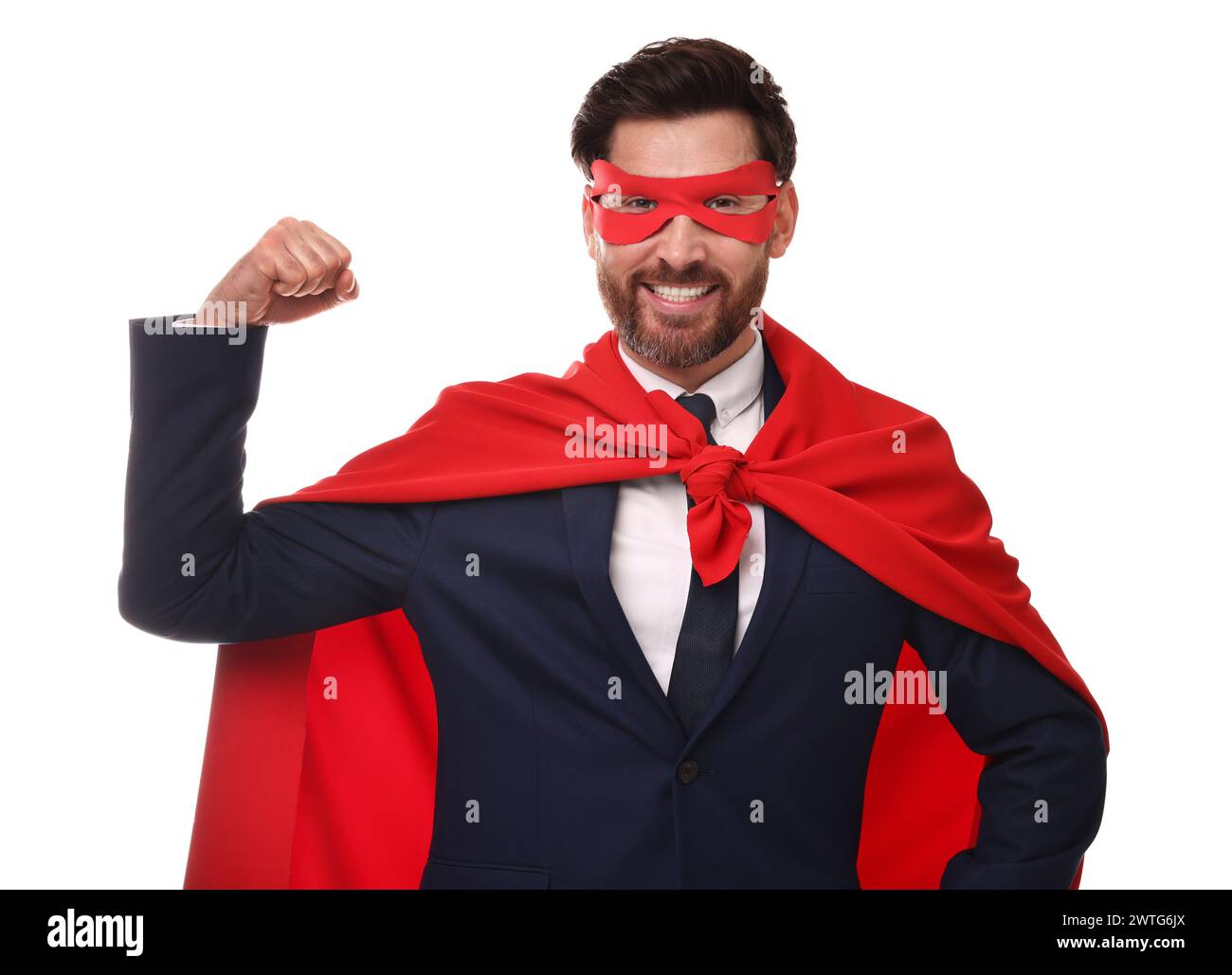 Happy businessman wearing red superhero cape and mask on white ...